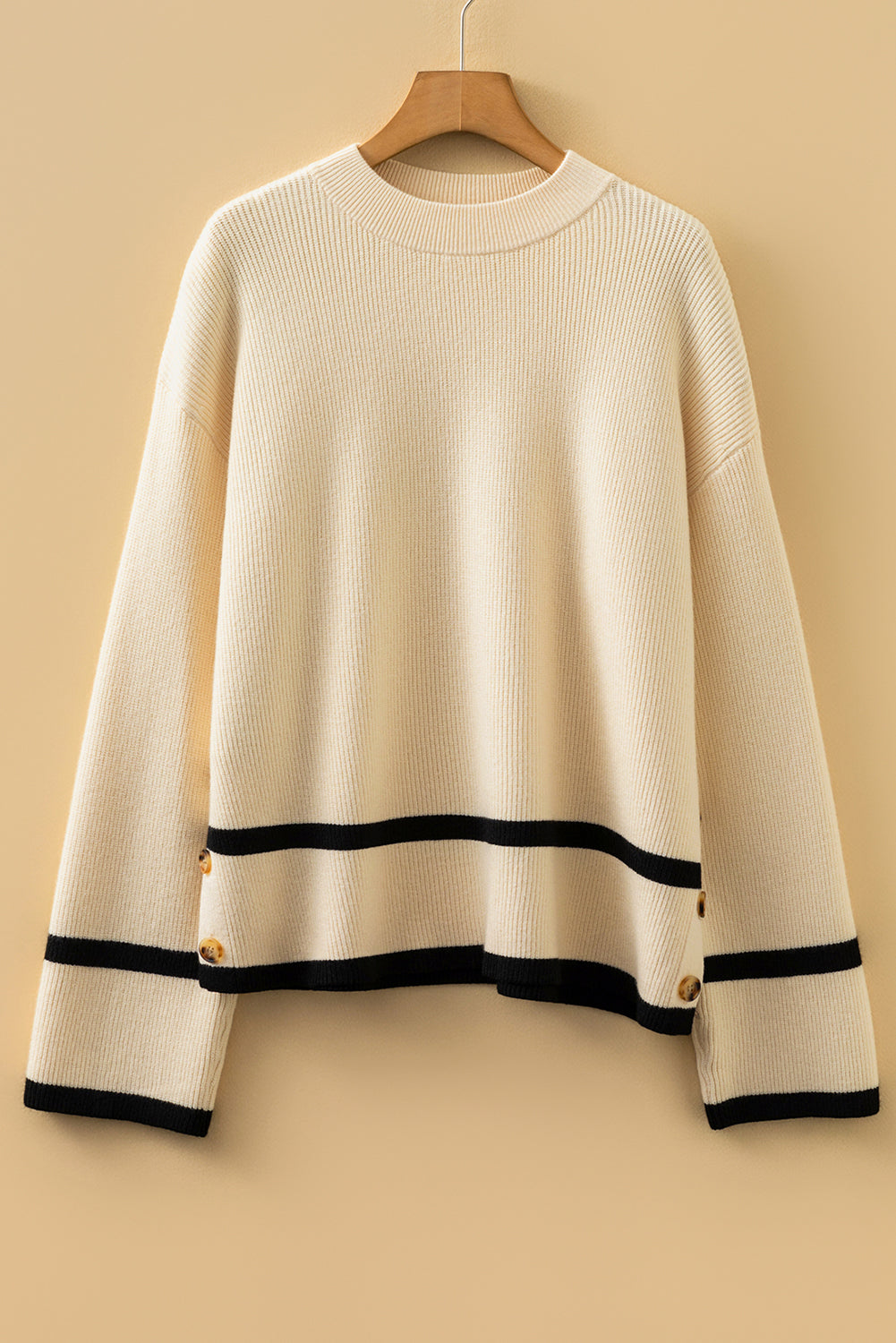 Beige Ribbed Knit Contrasted Stripe Detail Button Side Loose Sweater-Sweaters & Cardigans/Sweaters-[Adult]-[Female]-2022 Online Blue Zone Planet