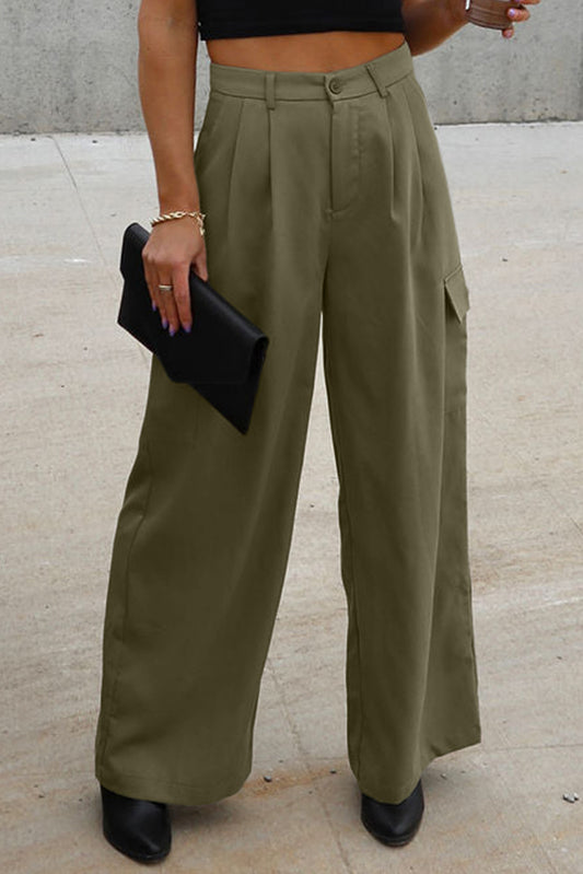 Ruched Wide Leg Pants with Pockets-BOTTOMS SIZES SMALL MEDIUM LARGE-[Adult]-[Female]-Army Green-4-2022 Online Blue Zone Planet