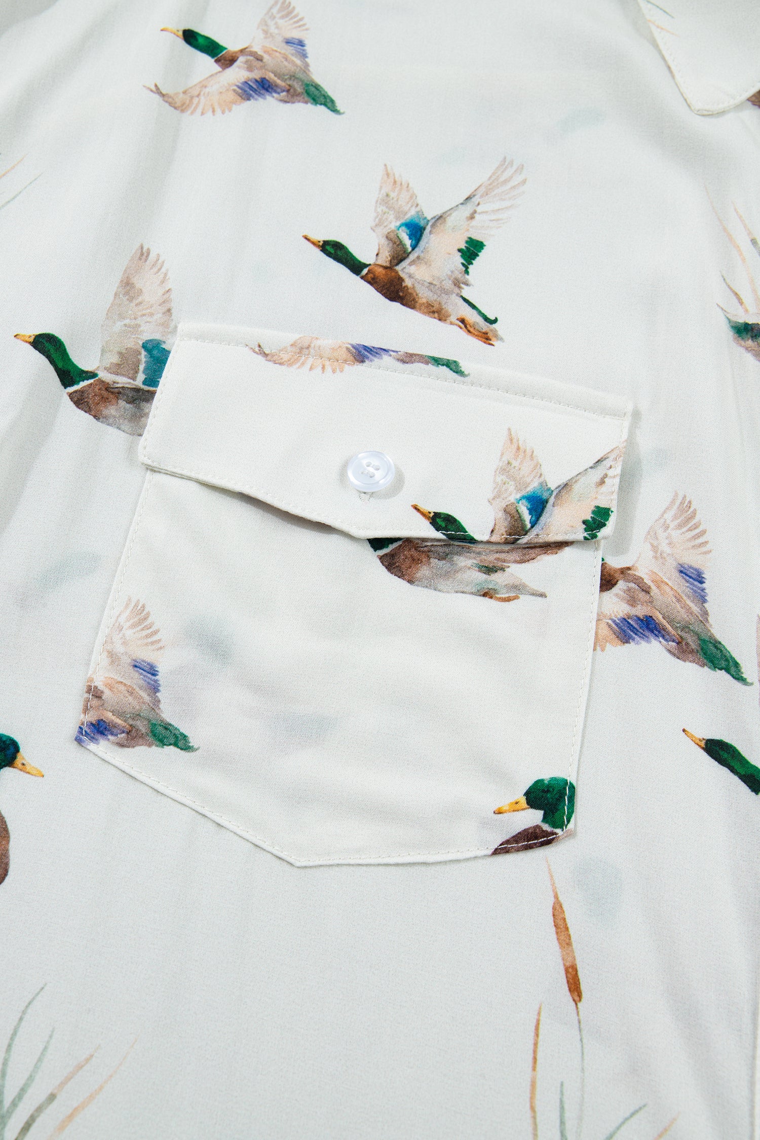 White Mallard Printed Button Flap Pocket Short Sleeve Shirt-Tops/Blouses & Shirts-[Adult]-[Female]-2022 Online Blue Zone Planet