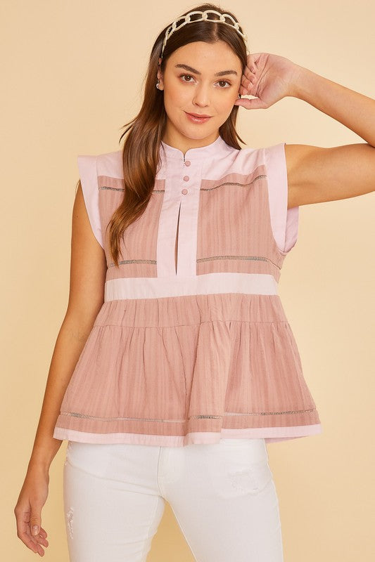 Annie Wear Contrast Trim Peplum Button Detail Blouse-TOPS / DRESSES-[Adult]-[Female]-Dusty Pink-S-2022 Online Blue Zone Planet