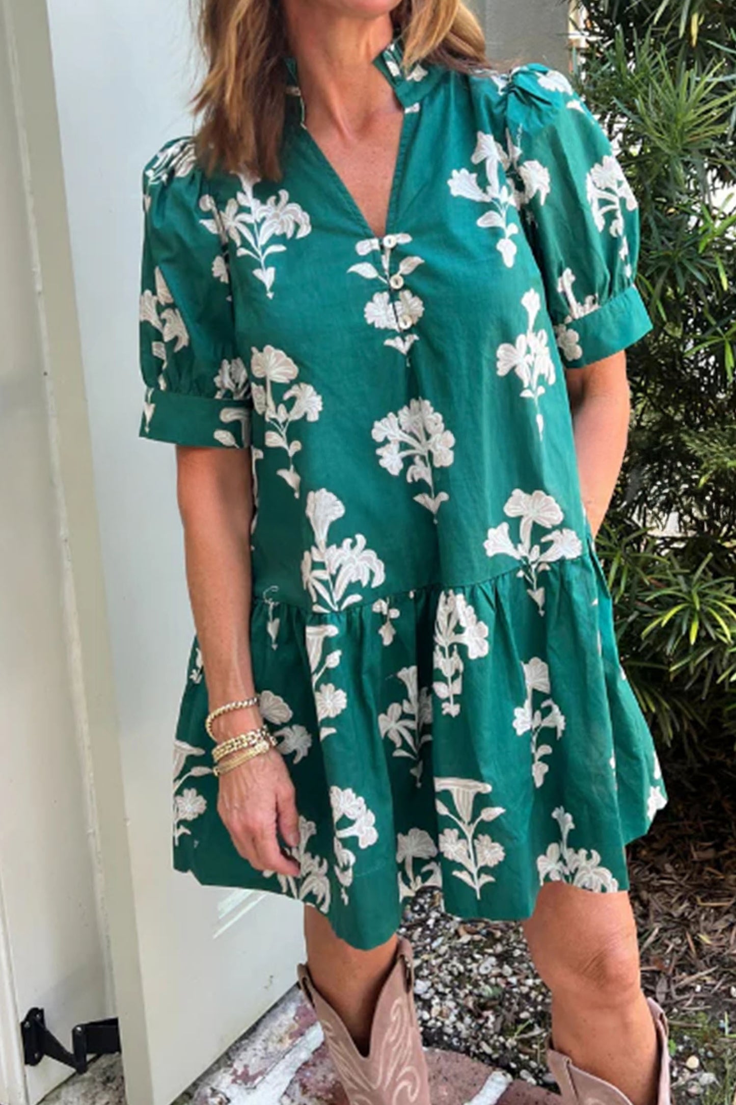Black Frilled V Neck Puff Short Sleeve Floral Mini Dress-TOPS / DRESSES-[Adult]-[Female]-Green-S-2022 Online Blue Zone Planet