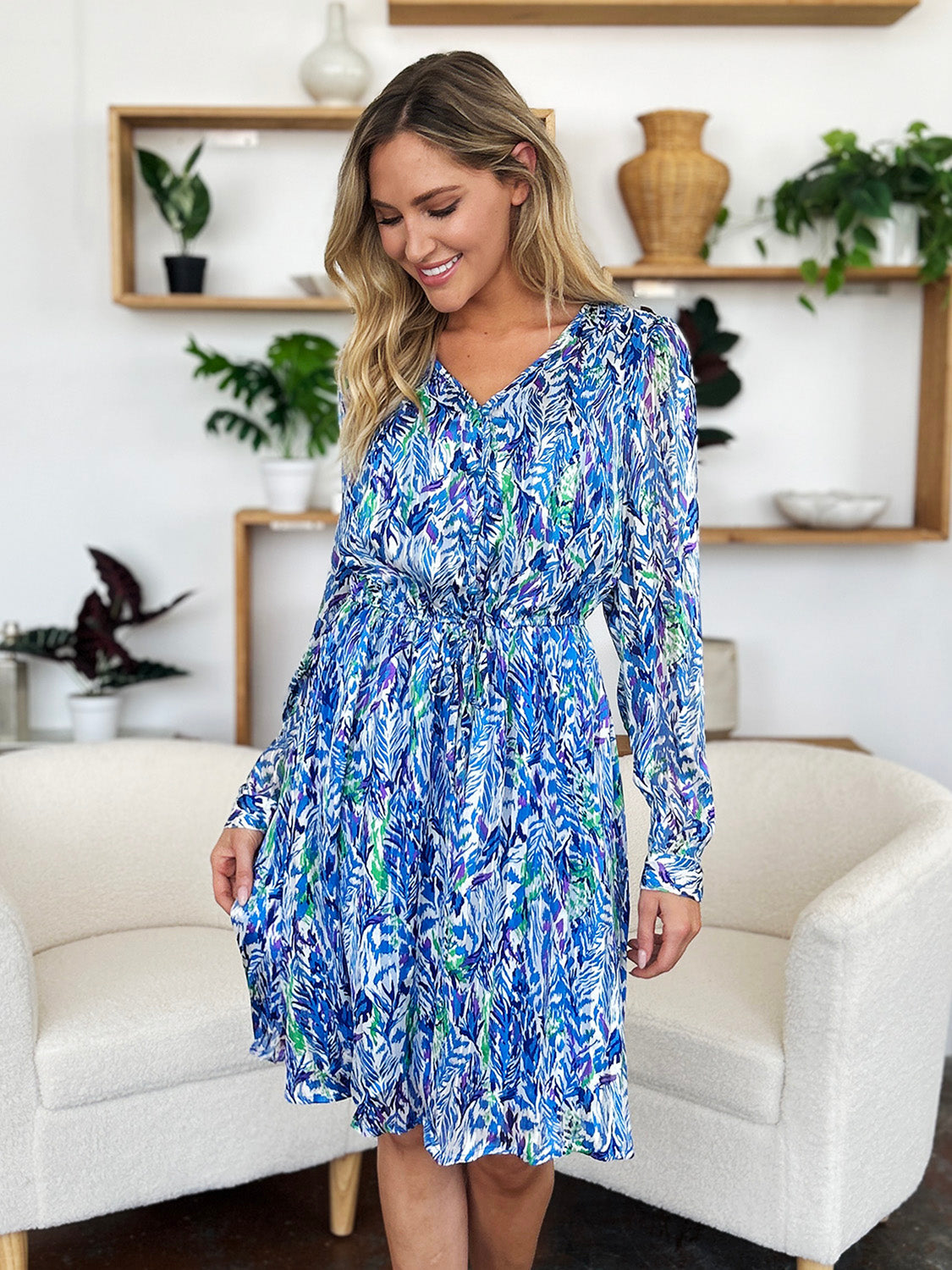 Double Take Full Size Printed Drawstring Waist Long Sleeve Dress-TOPS / DRESSES-[Adult]-[Female]-2022 Online Blue Zone Planet