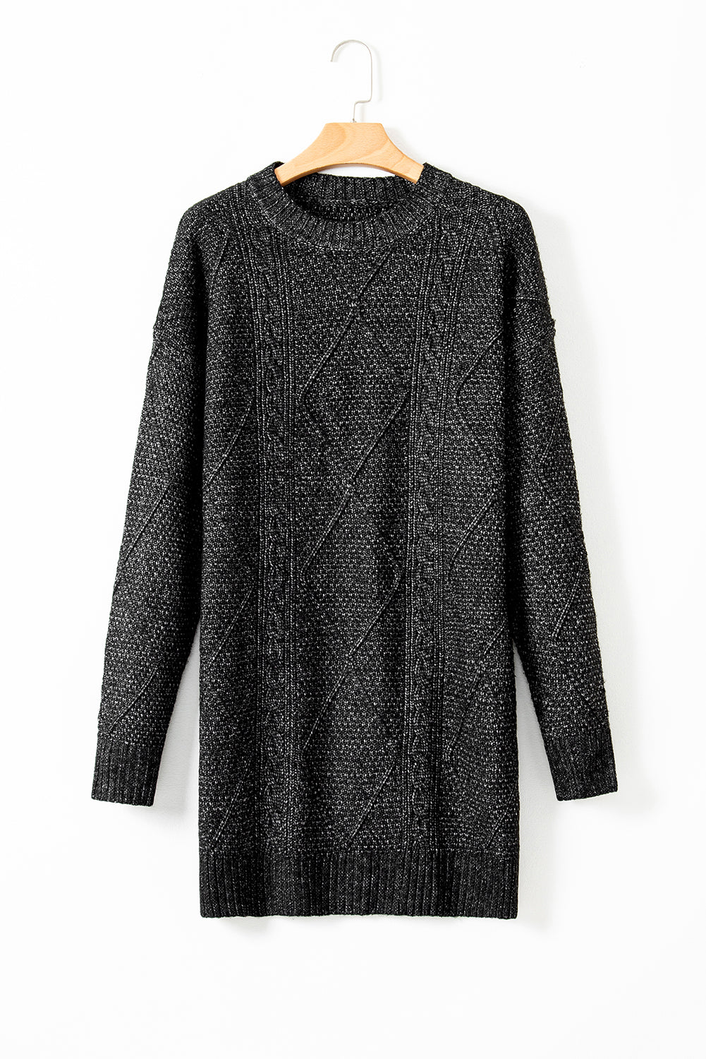 Blue Zone Planet | Black Cable Knit Drop Shoulder Loose Fit Sweater Dress-TOPS / DRESSES-[Adult]-[Female]-2022 Online Blue Zone Planet