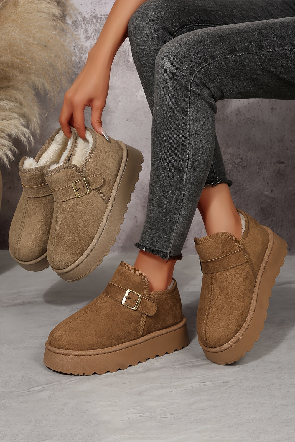 Coffee Buckle Detail Round Toe Platform Cozy Winter Boots-Shoes & Bags/Boots-[Adult]-[Female]-2022 Online Blue Zone Planet