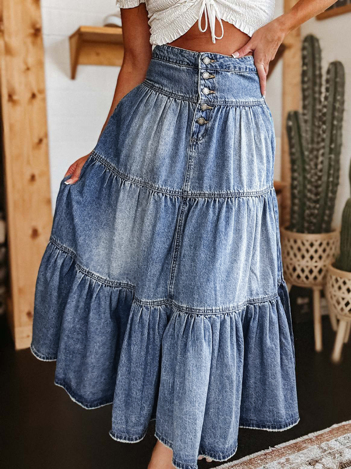 Blue Zone Planet | Tiered Button-Fly Denim Skirt-BOTTOMS SIZES SMALL MEDIUM LARGE-[Adult]-[Female]-Medium-S-2022 Online Blue Zone Planet