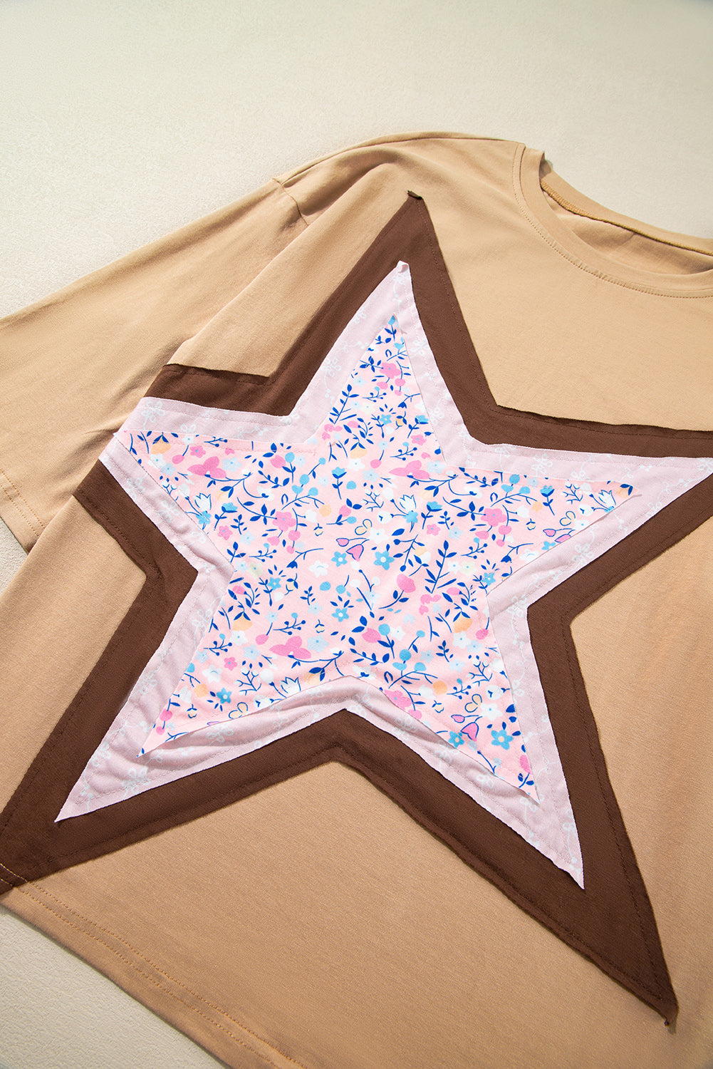 Blue Zone Planet | Camel Floral Star Patchwork 3/4 Long Sleeve Top-Tops/Long Sleeve Tops-[Adult]-[Female]-2022 Online Blue Zone Planet