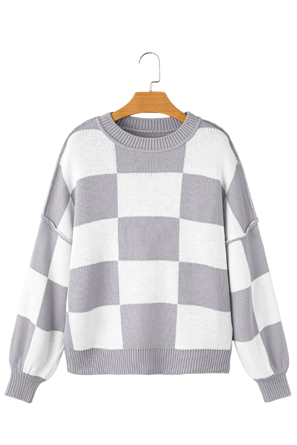 Blue Zone Planet | Pink Checked Bishop Sleeve Pullover Sweater-Sweaters-[Adult]-[Female]-2022 Online Blue Zone Planet