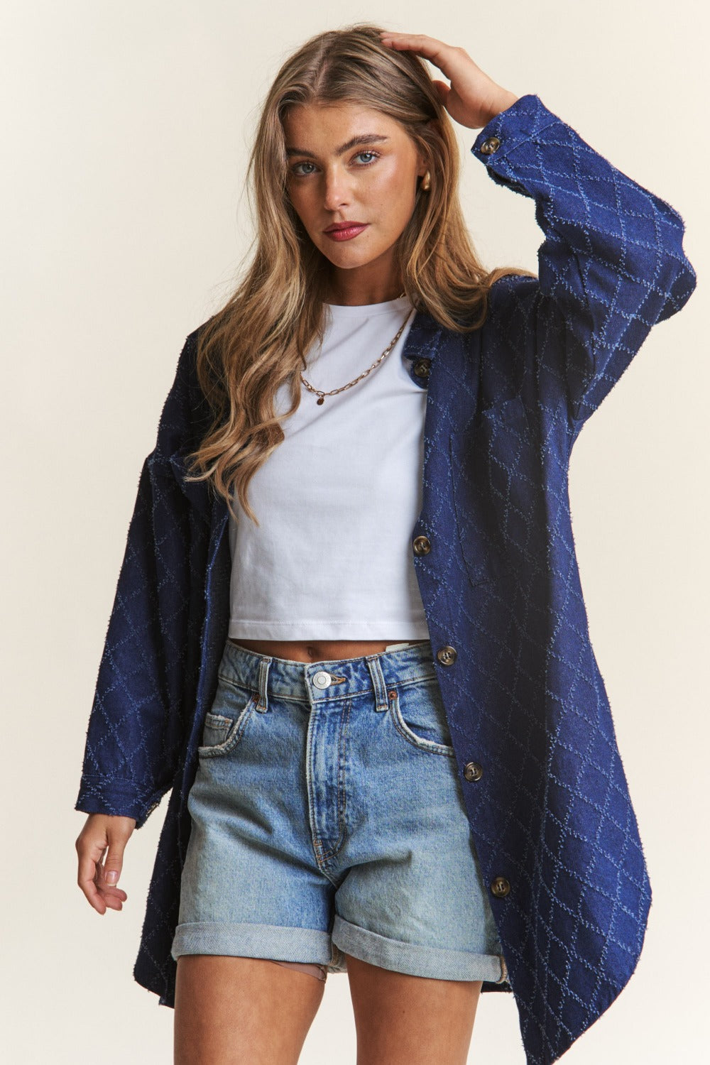 J.NNA Rhombus Stitched Button Up Denim Shacket-TOPS / DRESSES-[Adult]-[Female]-Dark Denim-S-2022 Online Blue Zone Planet