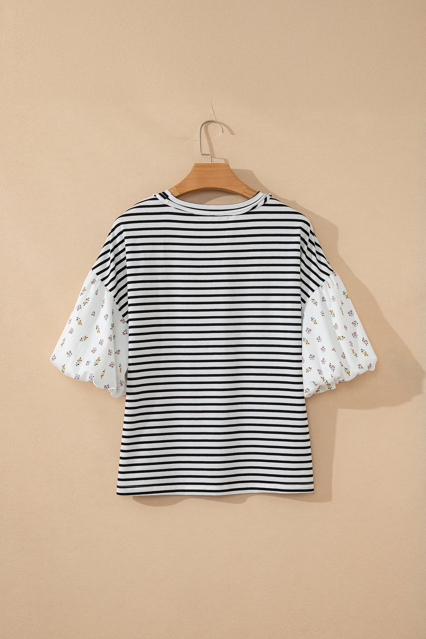 Black Stripe Floral Puff Sleeve Patchwork Round Neck Loose Top-Tops/Blouses & Shirts-[Adult]-[Female]-2022 Online Blue Zone Planet
