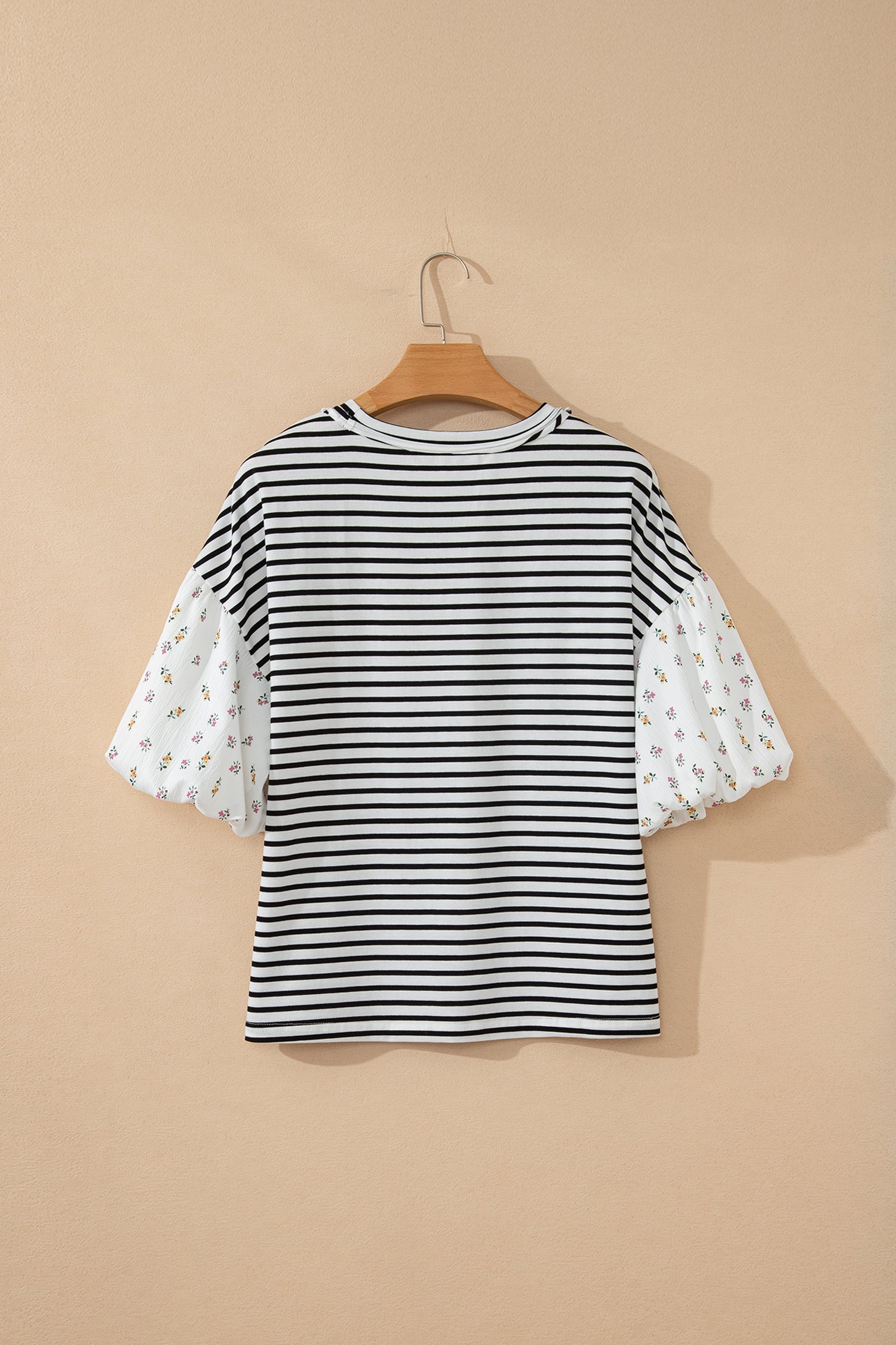 Black Stripe Floral Puff Sleeve Patchwork Round Neck Loose Top-Tops/Blouses & Shirts-[Adult]-[Female]-2022 Online Blue Zone Planet