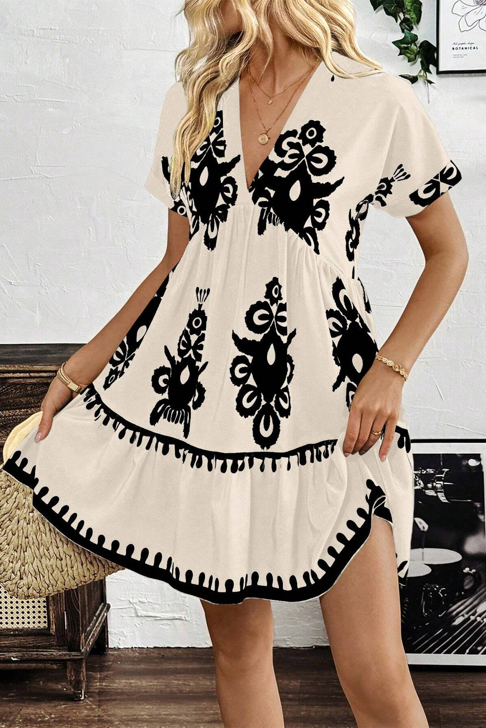 Black Vintage Print V Neck High Waist Short Sleeve Dress-Dresses/Mini Dresses-[Adult]-[Female]-2022 Online Blue Zone Planet