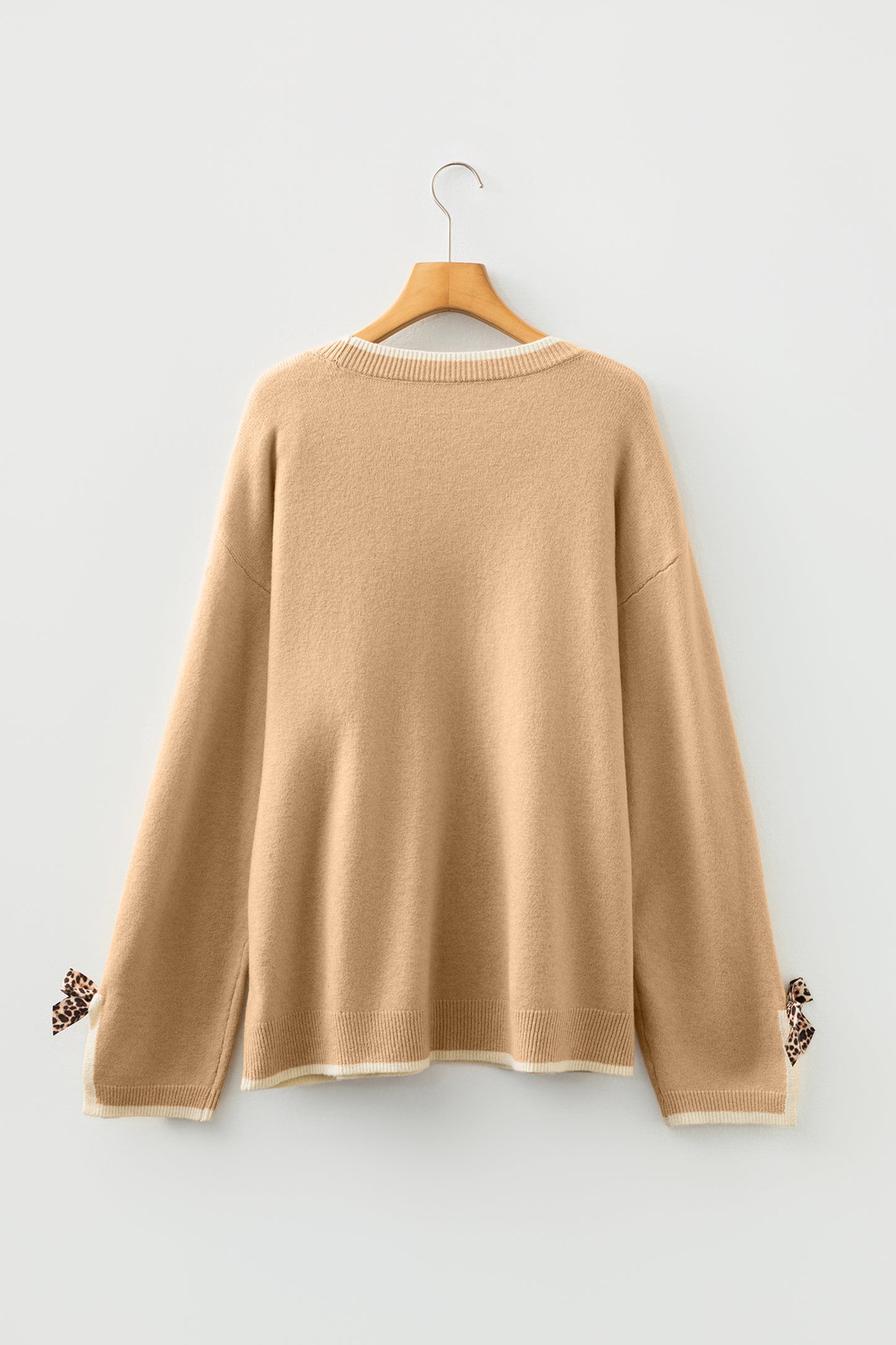 Tan Plus Size Leopard Bow Decor Split Cuffs Loose Sweater-Plus Size/Plus Size Sweaters & Cardigans-[Adult]-[Female]-2022 Online Blue Zone Planet