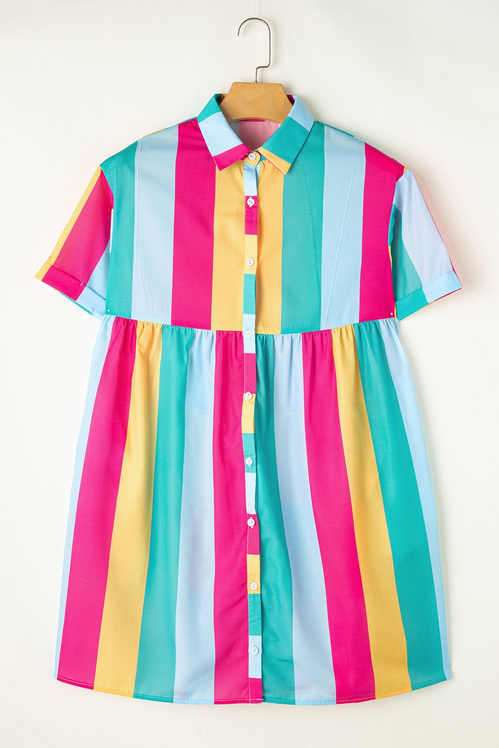 Blue Zone Planet | Rose Stripe Colorblock Short Sleeve Mini Shirt Dress-TOPS / DRESSES-[Adult]-[Female]-2022 Online Blue Zone Planet