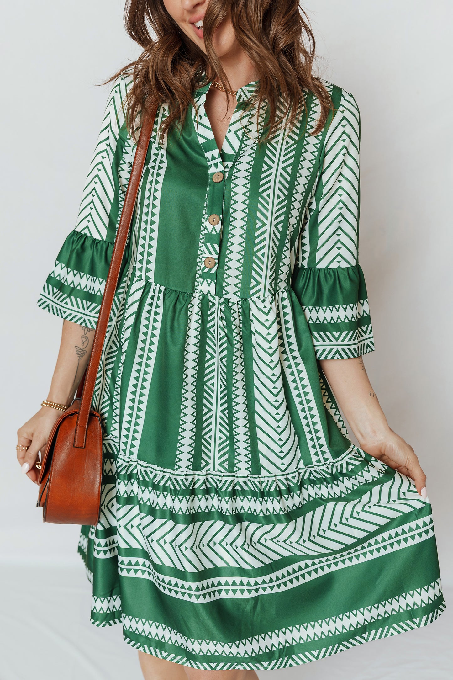 Green Boho Ethnic Print Half Button 3/4 Sleeve Casual Dress