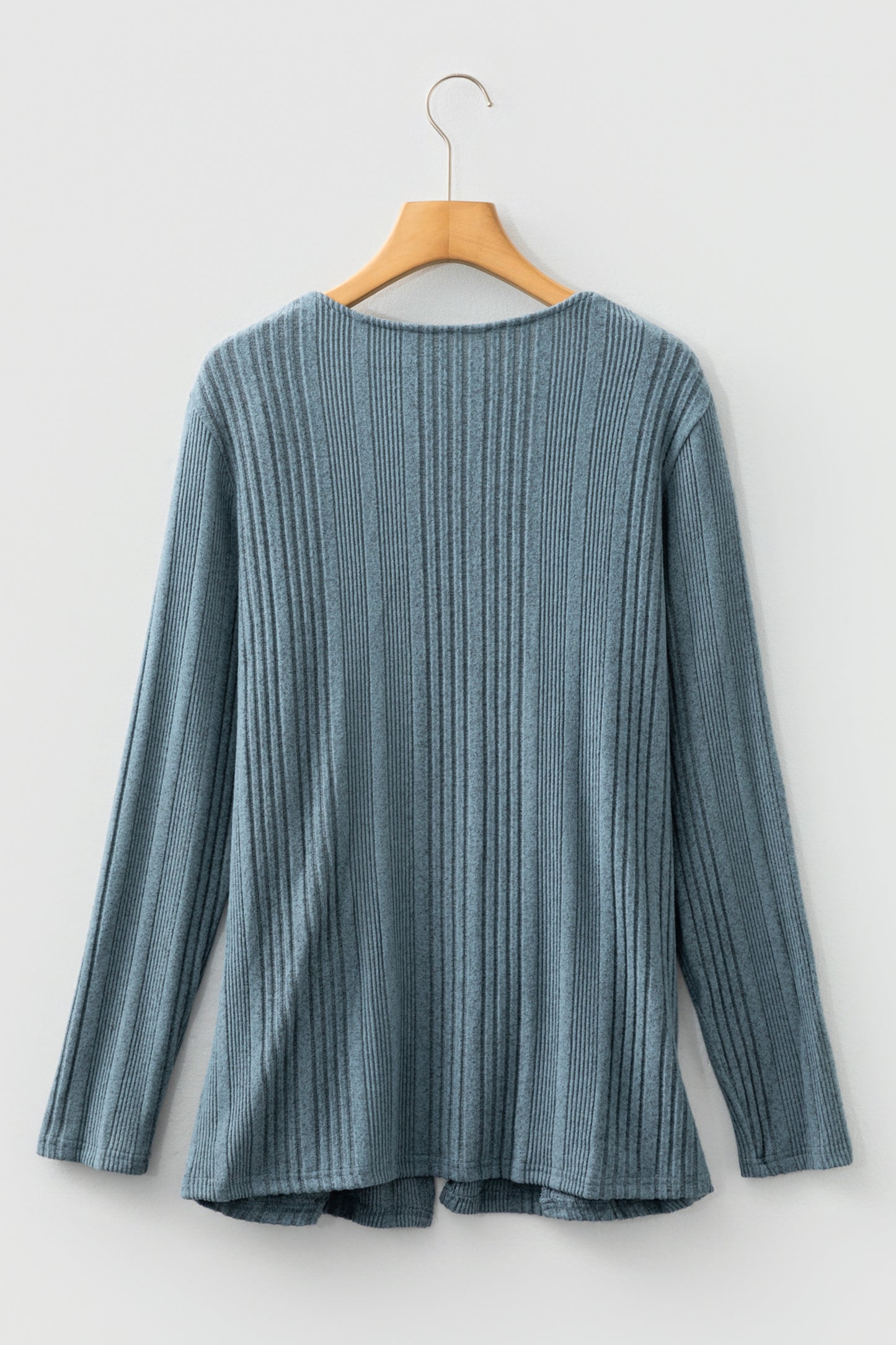 Stone Blue Ribbed Open Front Knitted Top with Pockets