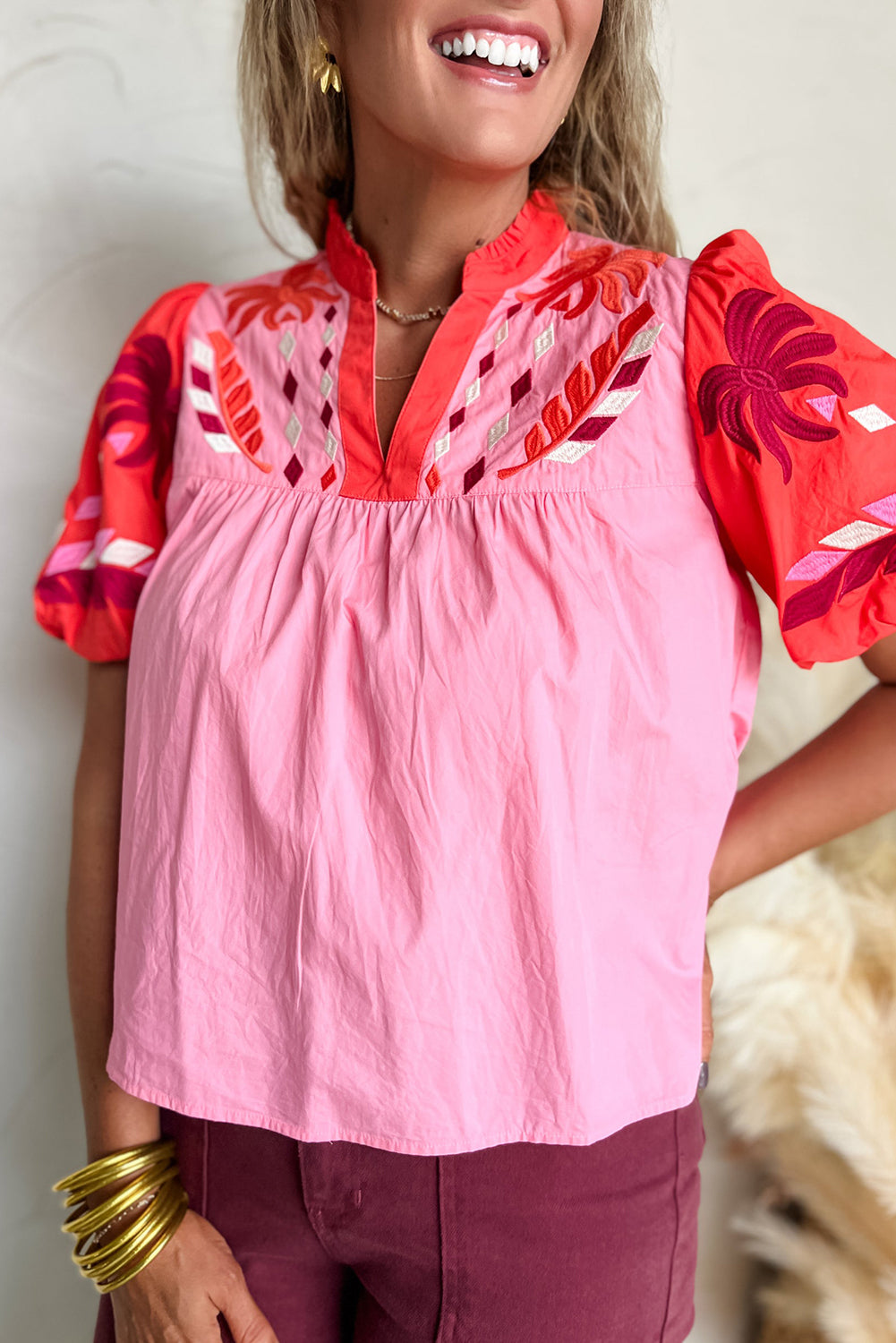 Pink Floral Embroidered Notch V Neck Puff Sleeve Babydoll Blouse-Tops/Blouses & Shirts-[Adult]-[Female]-Pink-S-2022 Online Blue Zone Planet