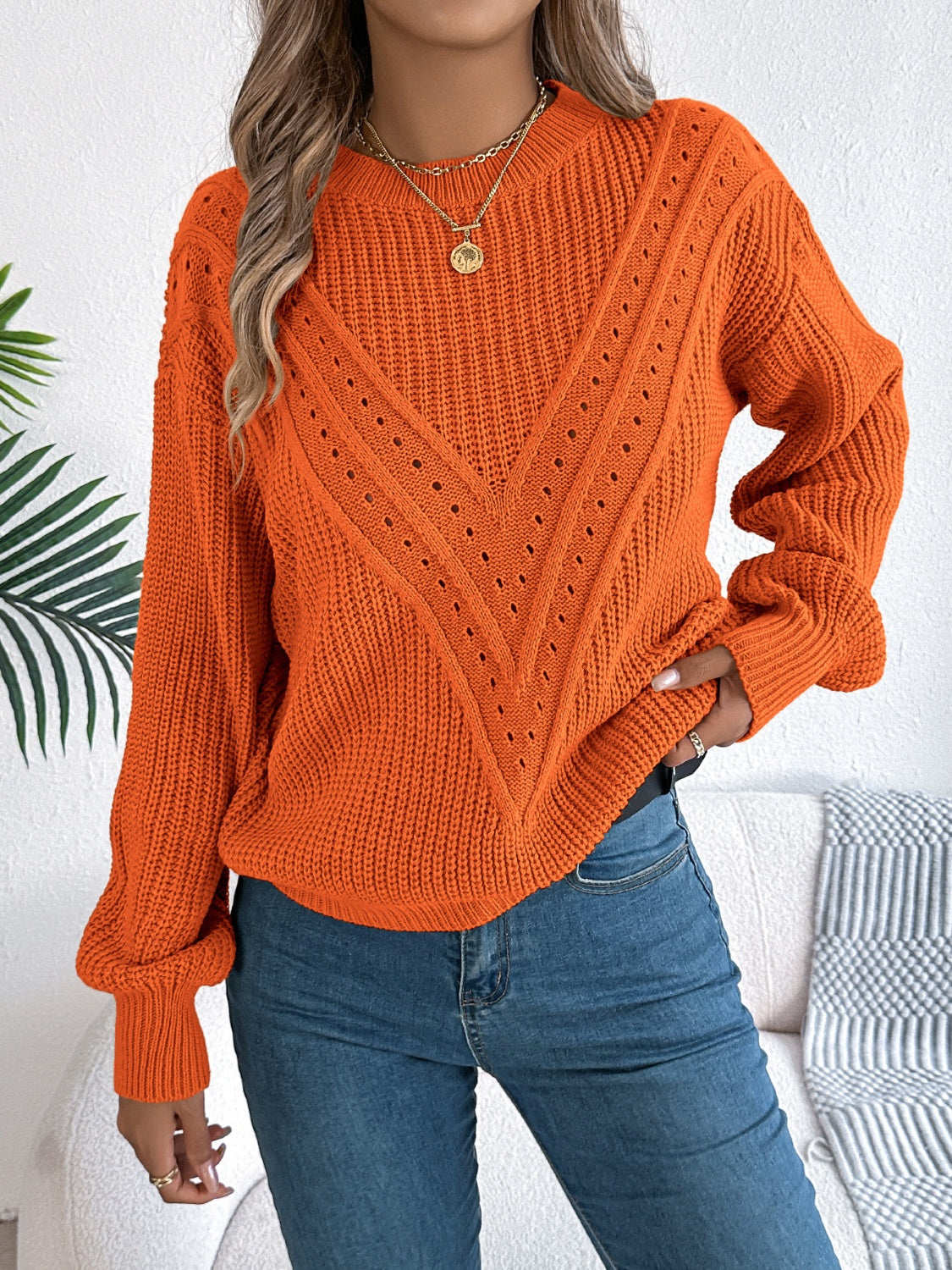 Blue Zone Planet | Openwork Round Neck Long Sleeve Sweater-TOPS / DRESSES-[Adult]-[Female]-Orange-S-2022 Online Blue Zone Planet