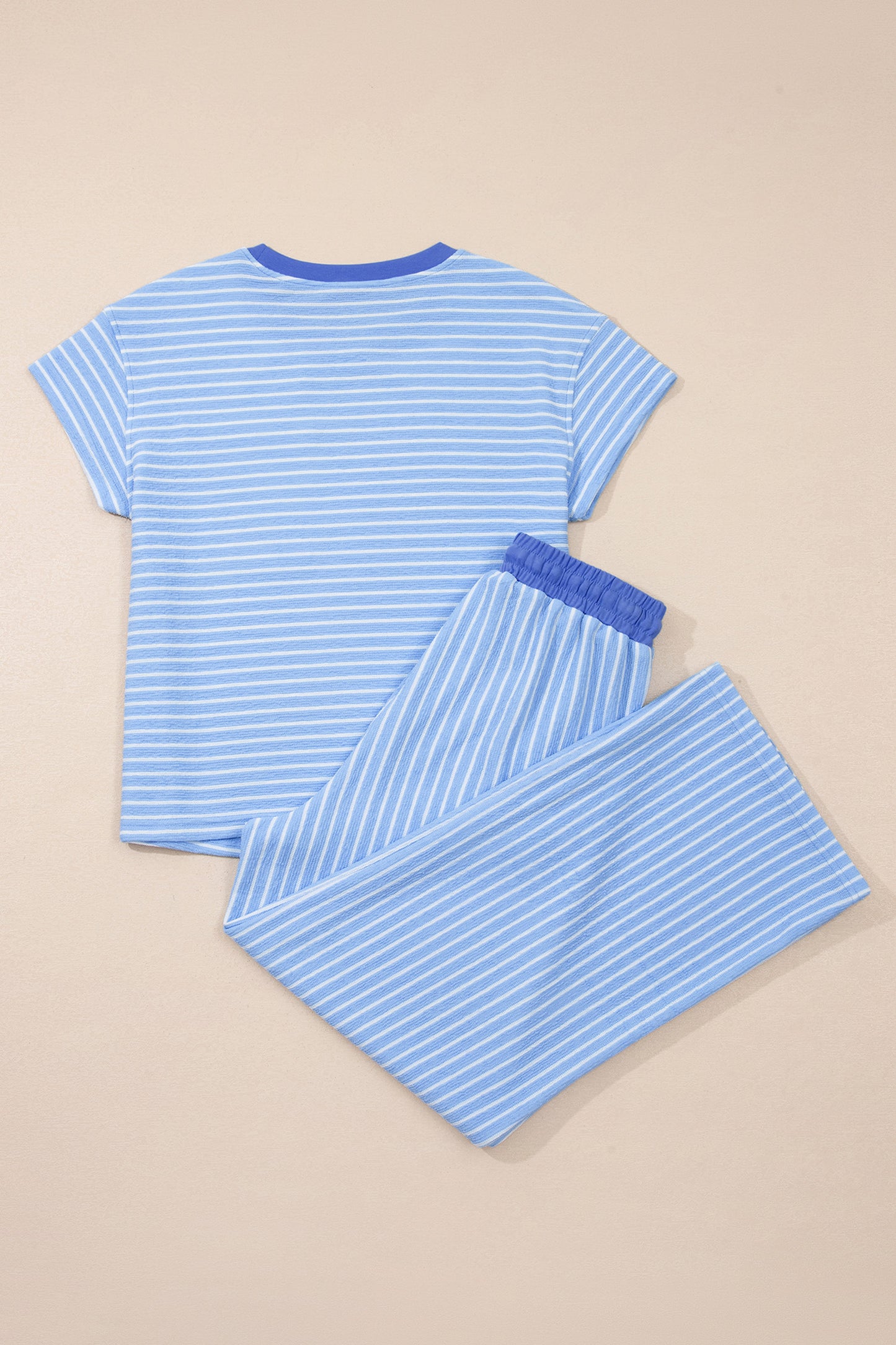Sky Blue Stripe Crew Neck Tee Drawstring Waist Cropped Pants Set-Two Piece Sets/Pant Sets-[Adult]-[Female]-2022 Online Blue Zone Planet