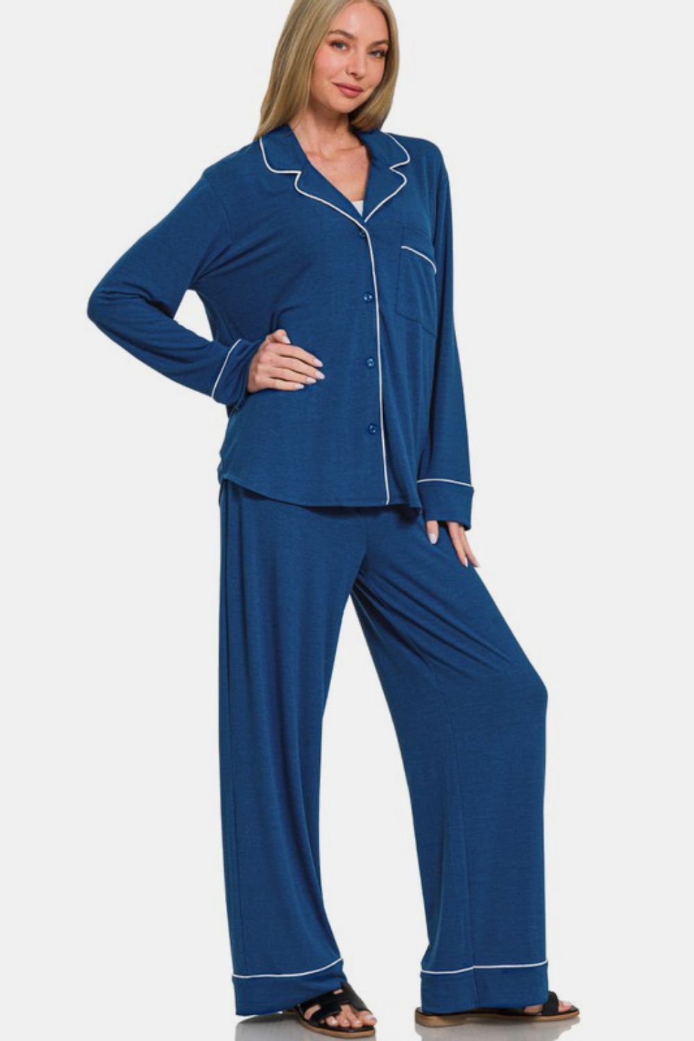 Zenana Button Down Long Sleeve Top and Pants Lounge Set-TOPS / DRESSES-[Adult]-[Female]-Peacock Blue-S-2022 Online Blue Zone Planet