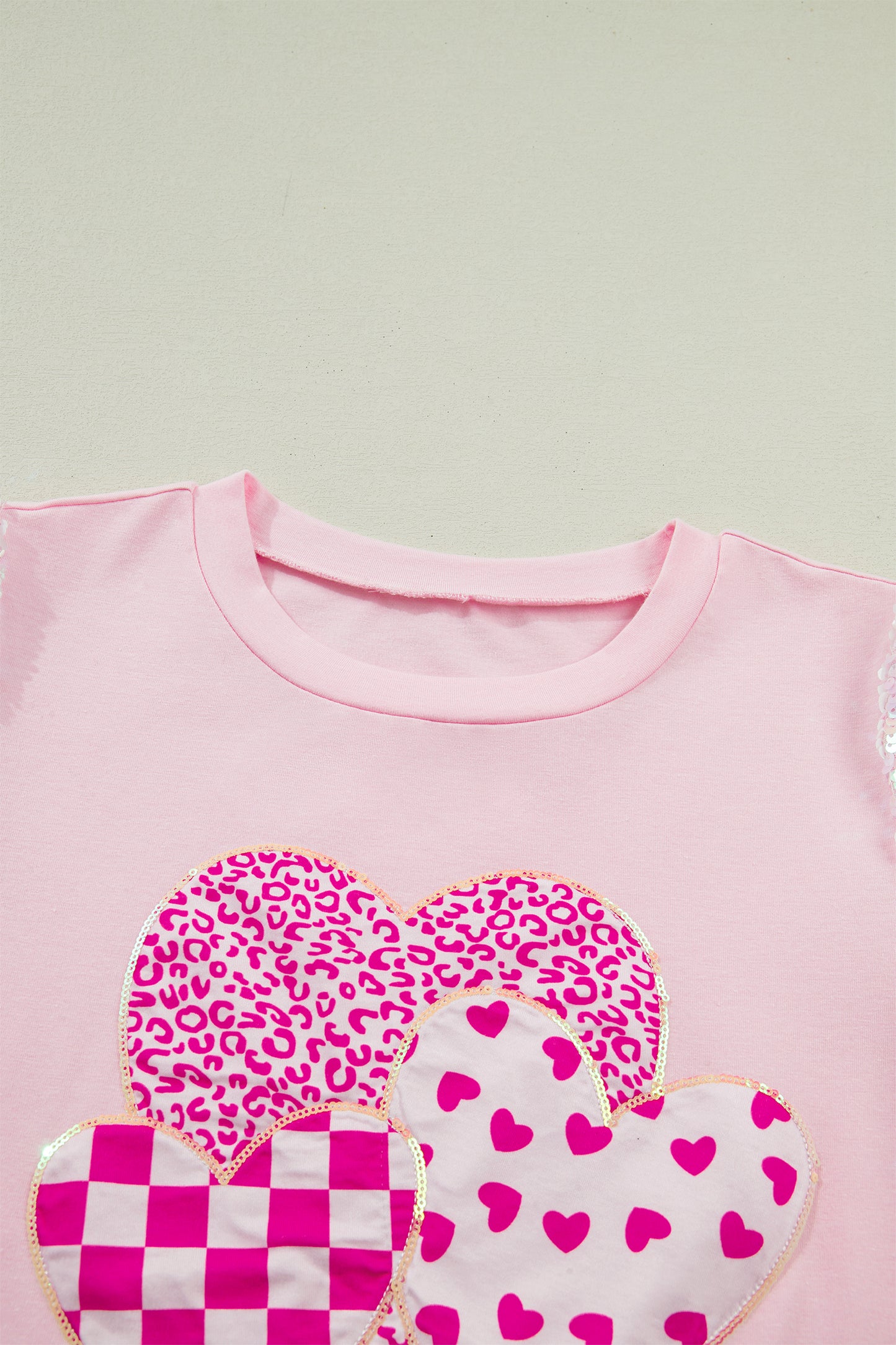 Light Pink Three Sweet Hearts Printed Sequin Trim Contrast Sleeve Patchwork Tee-Tops/Tops & Tees-[Adult]-[Female]-2022 Online Blue Zone Planet