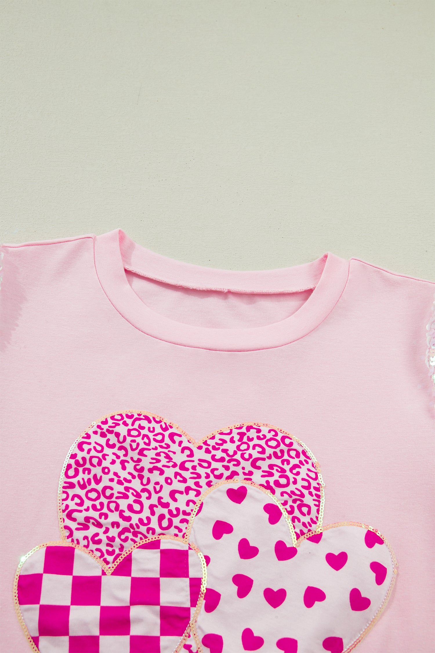 Light Pink Three Sweet Hearts Printed Sequin Trim Contrast Sleeve Patchwork Tee-Tops/Tops & Tees-[Adult]-[Female]-2022 Online Blue Zone Planet