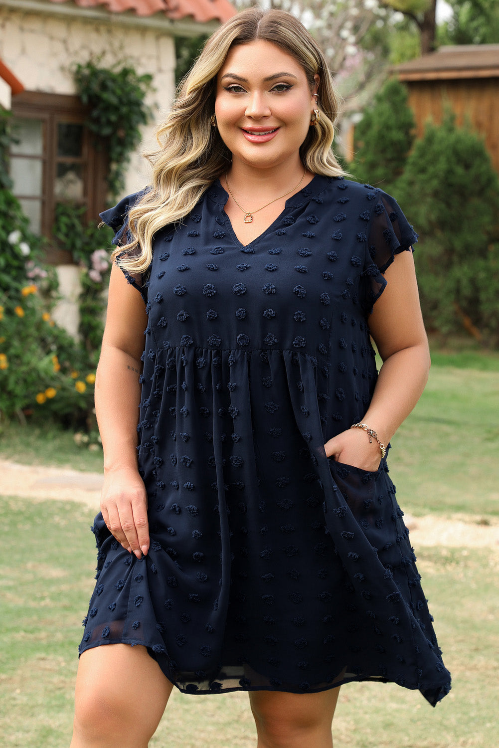 Navy Blue Dotty Textured Notched Neck Plus Ruffled Dress-TOPS / DRESSES-[Adult]-[Female]-2022 Online Blue Zone Planet