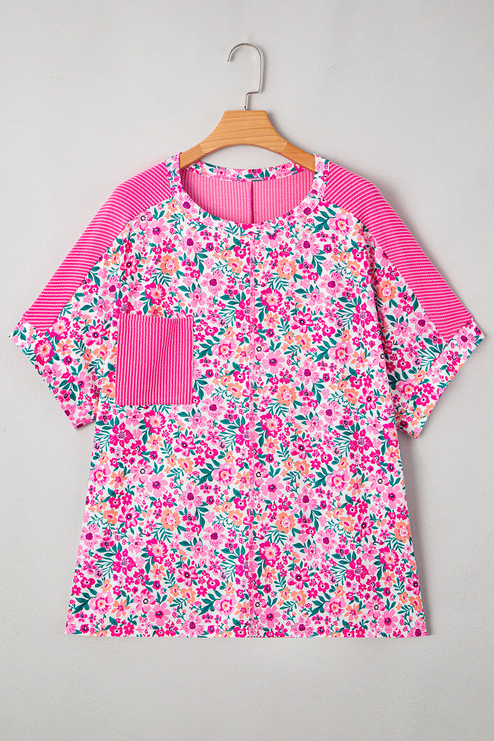 Pink Plus Size Floral Print Corded Patchwork Loose Top-Plus Size/Plus Size Tops/Plus Size Tops & Tees-[Adult]-[Female]-2022 Online Blue Zone Planet