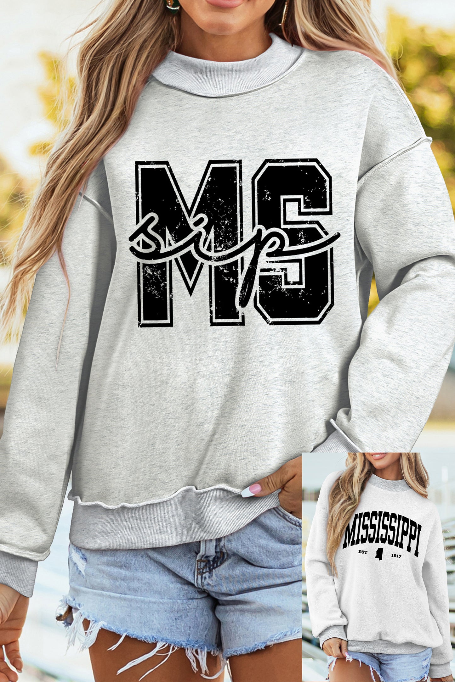 Light Grey MS MISSISSIPPI Double Side Printed Mock Neck Reversible Sweatshirt-Graphic/Graphic Sweatshirts-[Adult]-[Female]-Light Grey-S-2022 Online Blue Zone Planet