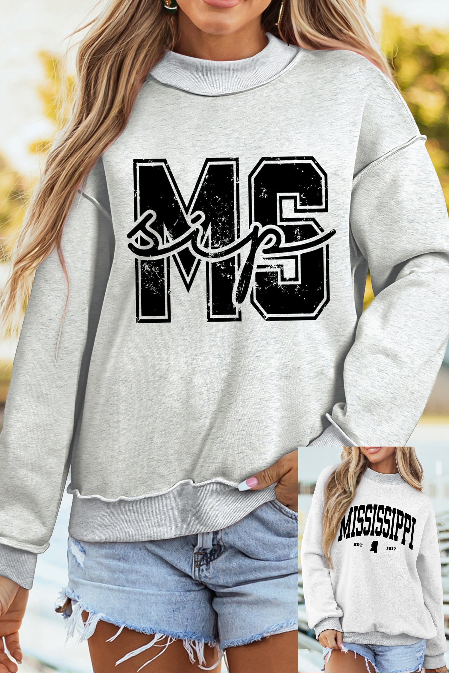 Light Grey MS MISSISSIPPI Double Side Printed Mock Neck Reversible Sweatshirt-Graphic/Graphic Sweatshirts-[Adult]-[Female]-Light Grey-S-2022 Online Blue Zone Planet