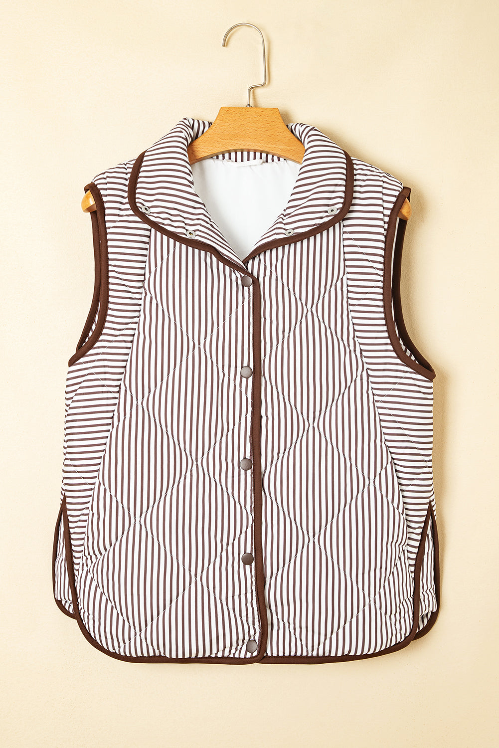 Brown Stripe Snap Button Scalloped Hem Collared Winter Vest-Outerwear/Vests-[Adult]-[Female]-Brown Stripe-S-2022 Online Blue Zone Planet