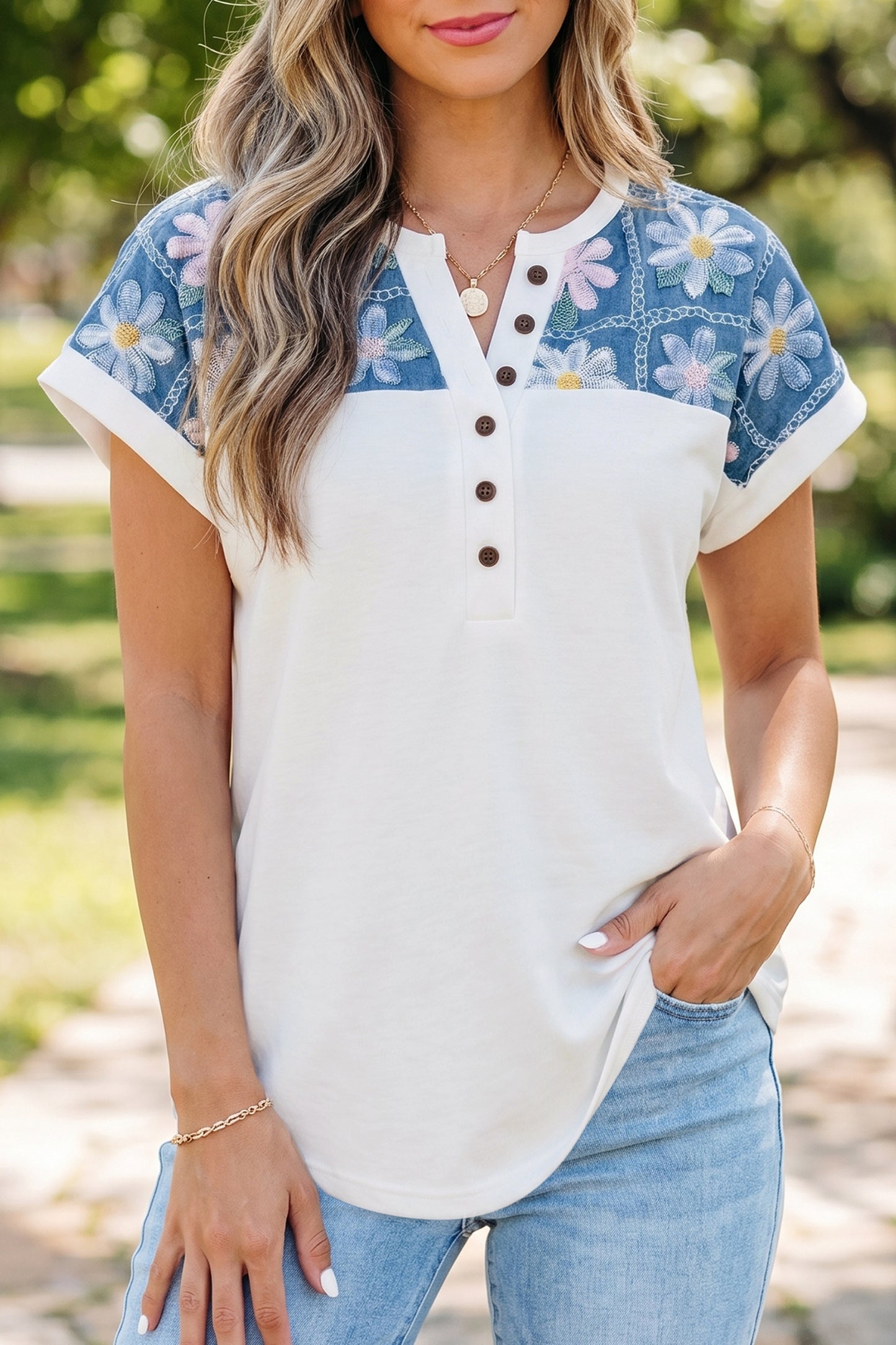White Floral Patchwork Short Sleeve Viscose Blend Blouse-Tops/Blouses & Shirts-[Adult]-[Female]-2022 Online Blue Zone Planet