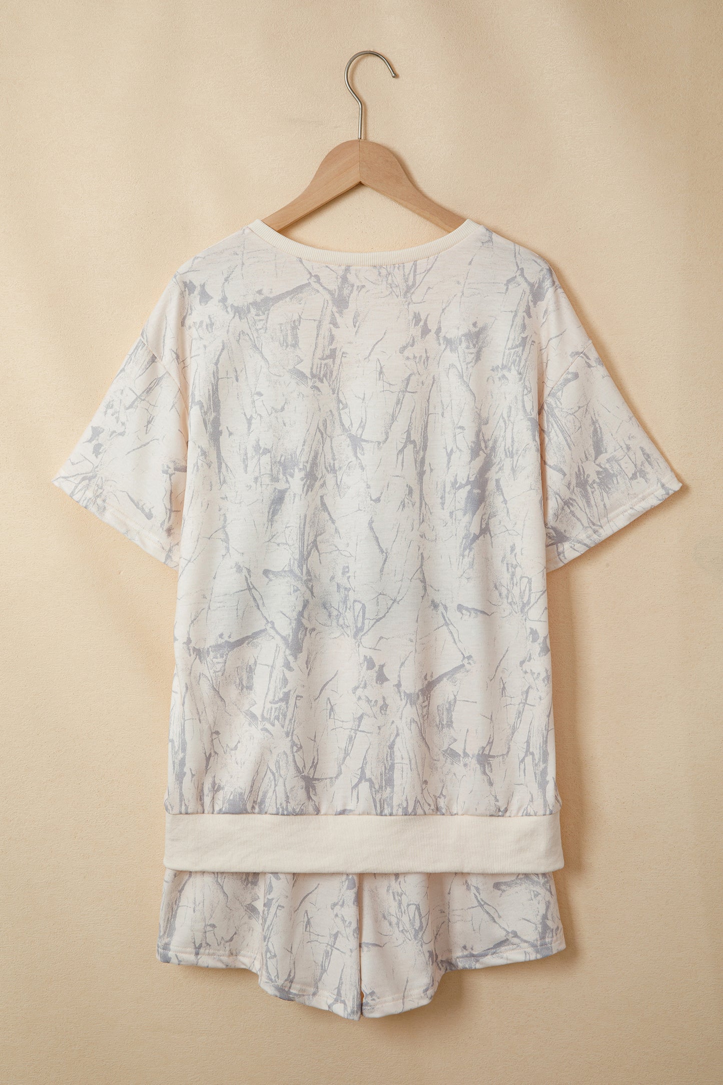 Khaki Abstract Print V Neck Loose Tee Drawstring Shorts 2pcs Outfit-Two Piece Sets/Short Sets-[Adult]-[Female]-2022 Online Blue Zone Planet