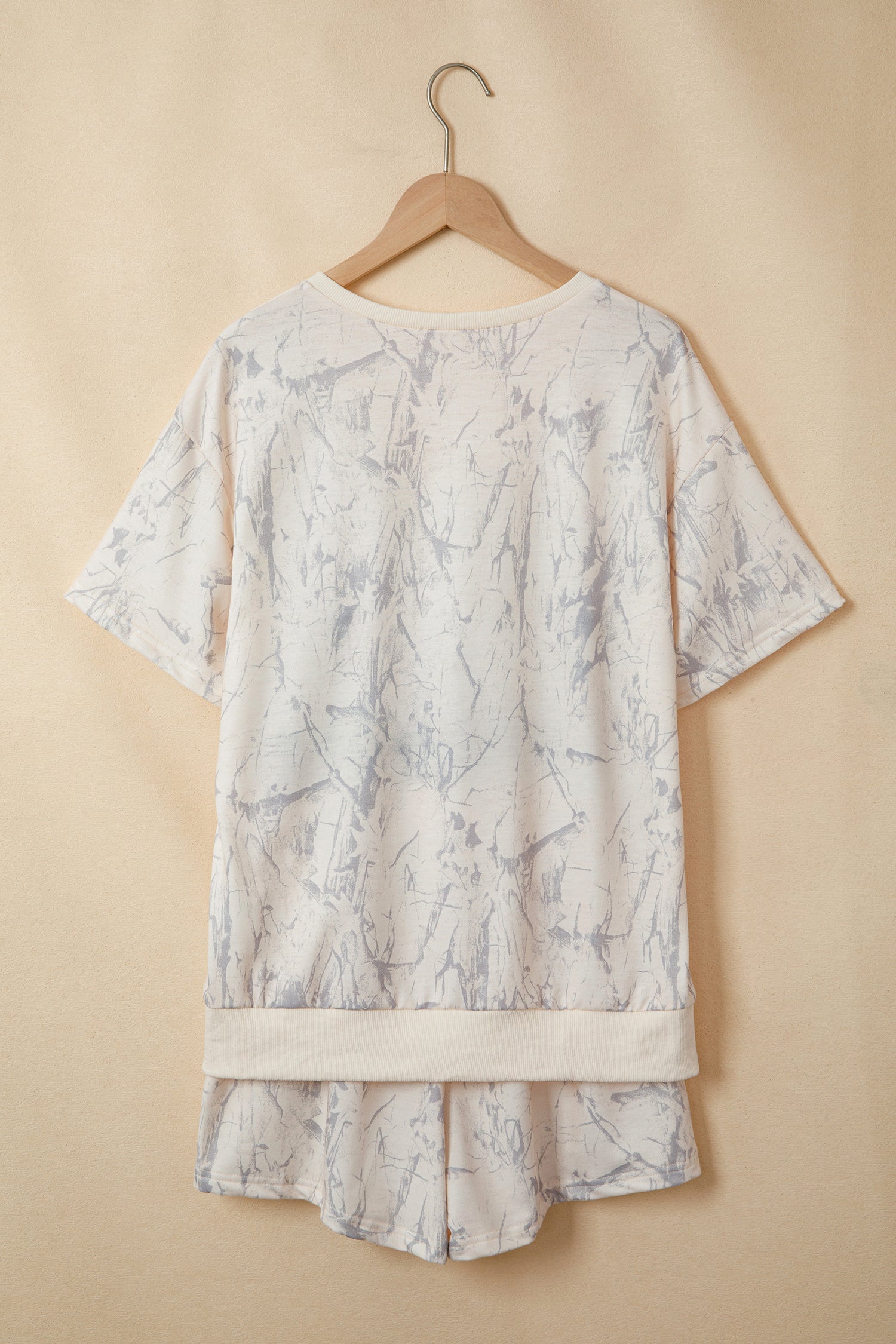 Khaki Abstract Print V Neck Loose Tee Drawstring Shorts 2pcs Outfit-Two Piece Sets/Short Sets-[Adult]-[Female]-2022 Online Blue Zone Planet