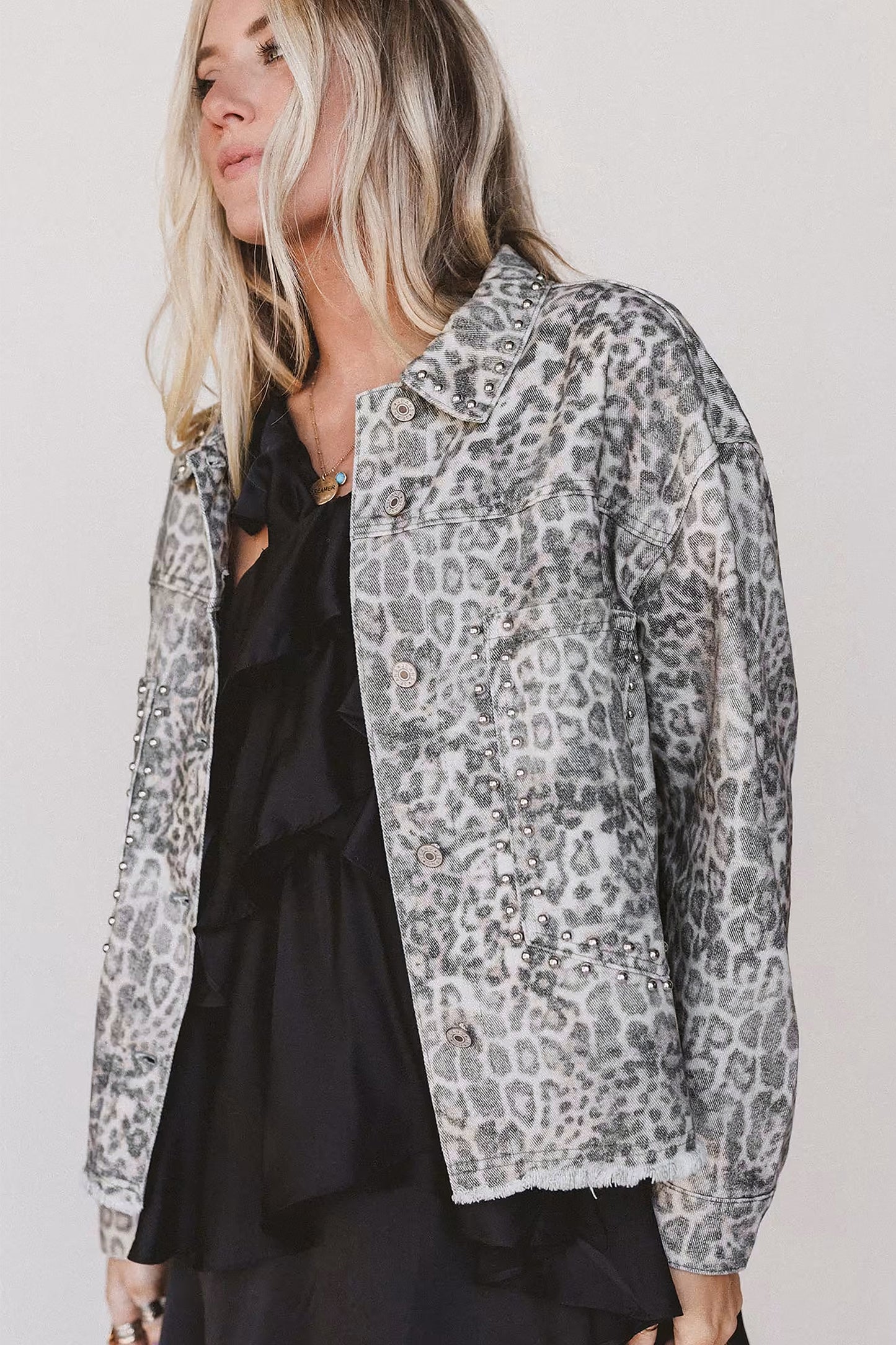 Khaki Leopard Print Studded Collar Studded Patch Pocket Denim Jacket-Outerwear/Denim jackets-[Adult]-[Female]-2022 Online Blue Zone Planet