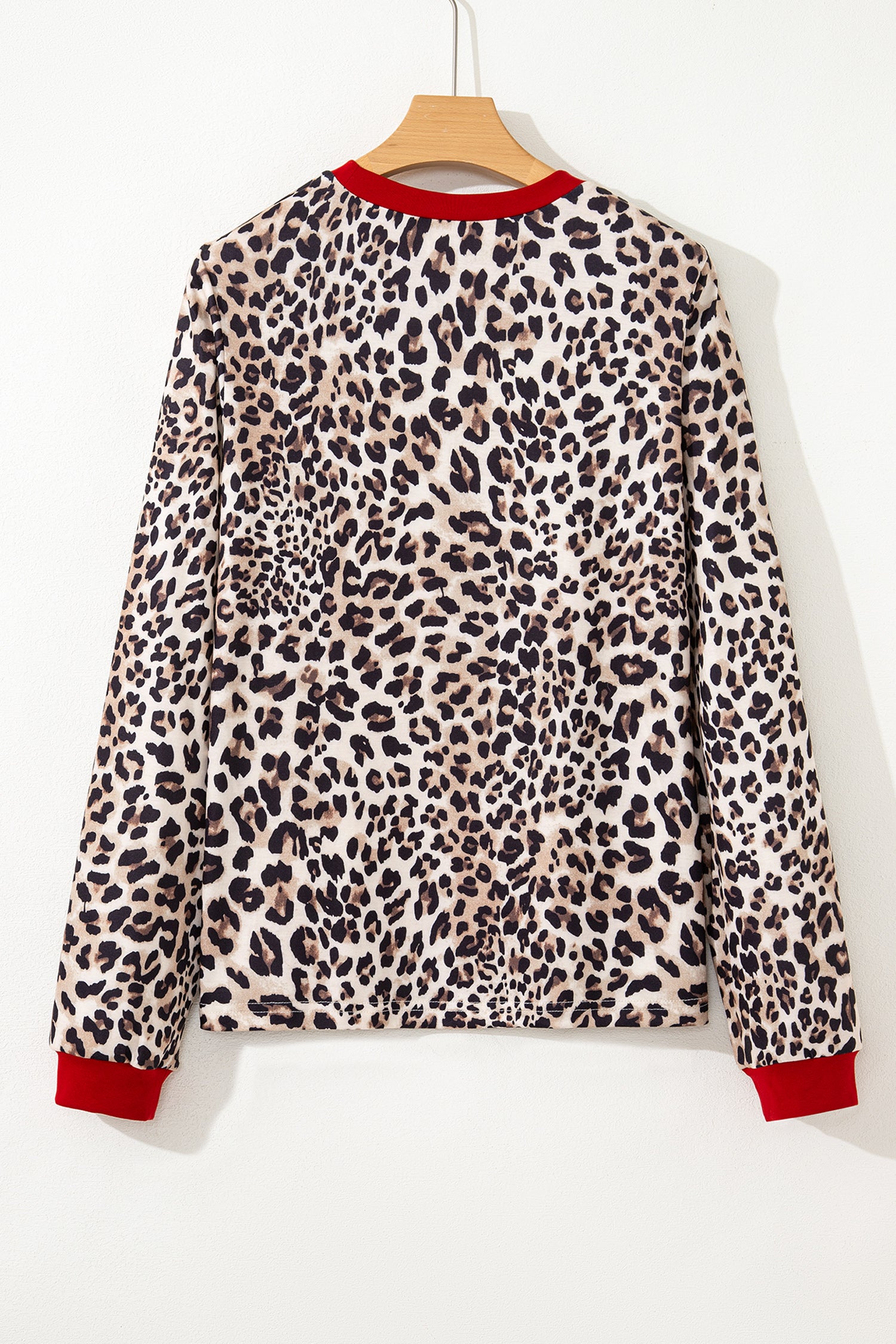 Brown Leopard Print Contrast Trim Round Neck Long Sleeve Top-Tops/Long Sleeve Tops-[Adult]-[Female]-2022 Online Blue Zone Planet