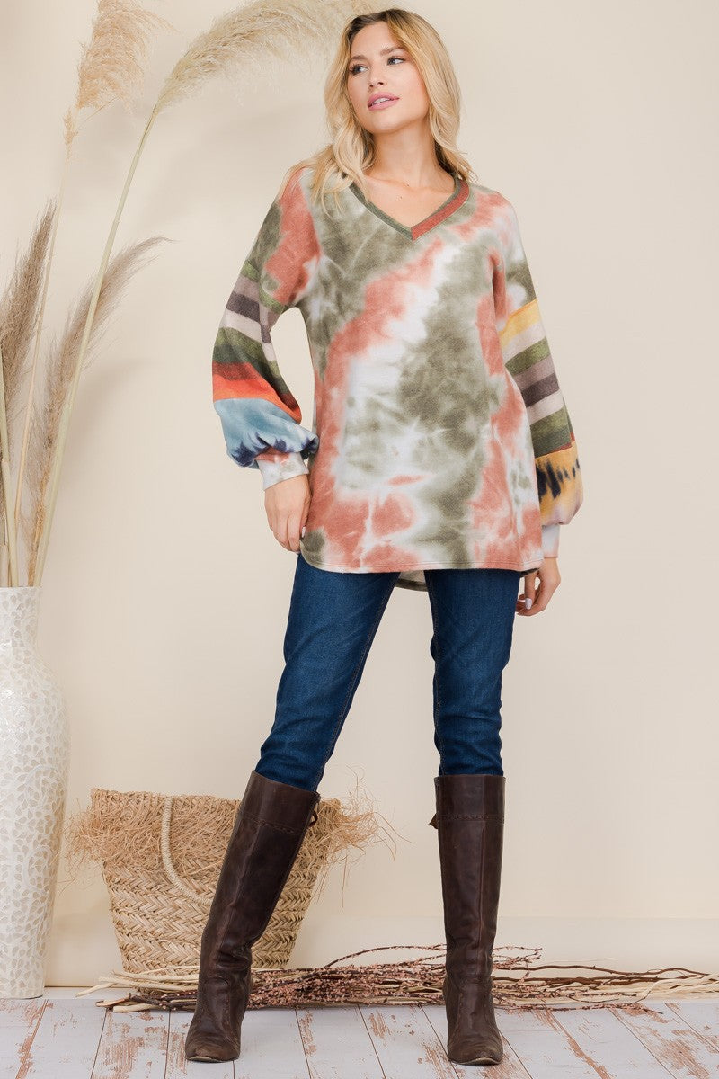 Celeste Full Size Tie-Dye Contrast Striped V-Neck Long Sleeve Blouse-TOPS / DRESSES-[Adult]-[Female]-2022 Online Blue Zone Planet