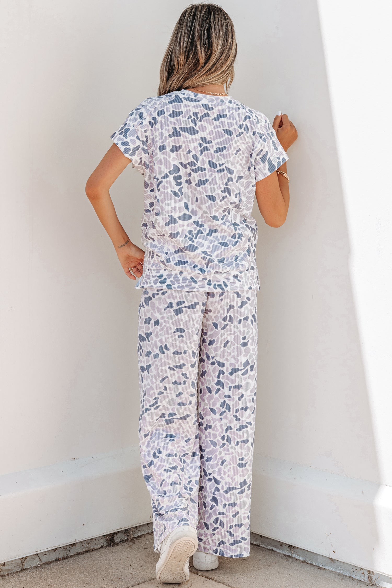 Beige Camouflage Print Twisted Rib Loose Tee Drawstring Pants Set-Two Piece Sets/Pant Sets-[Adult]-[Female]-2022 Online Blue Zone Planet