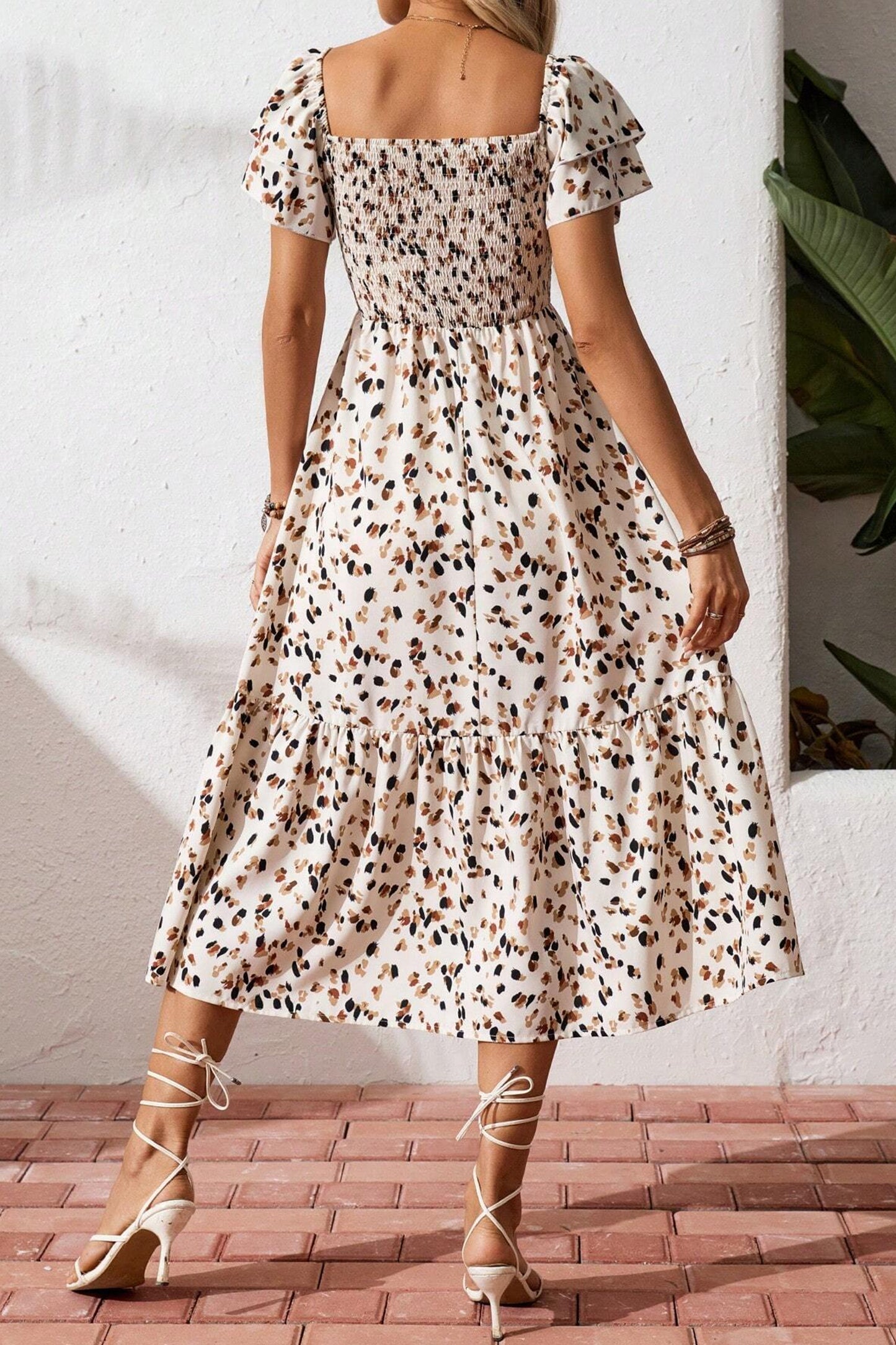 Beige Ditsy Floral Print Smocked Square Neck Ruffle Short Sleeve Dress