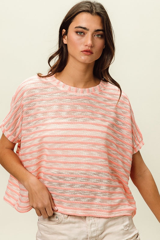 BiBi Braid Striped Short Sleeve Round Neck T-Shirt-TOPS / DRESSES-[Adult]-[Female]-Pink-S-2022 Online Blue Zone Planet