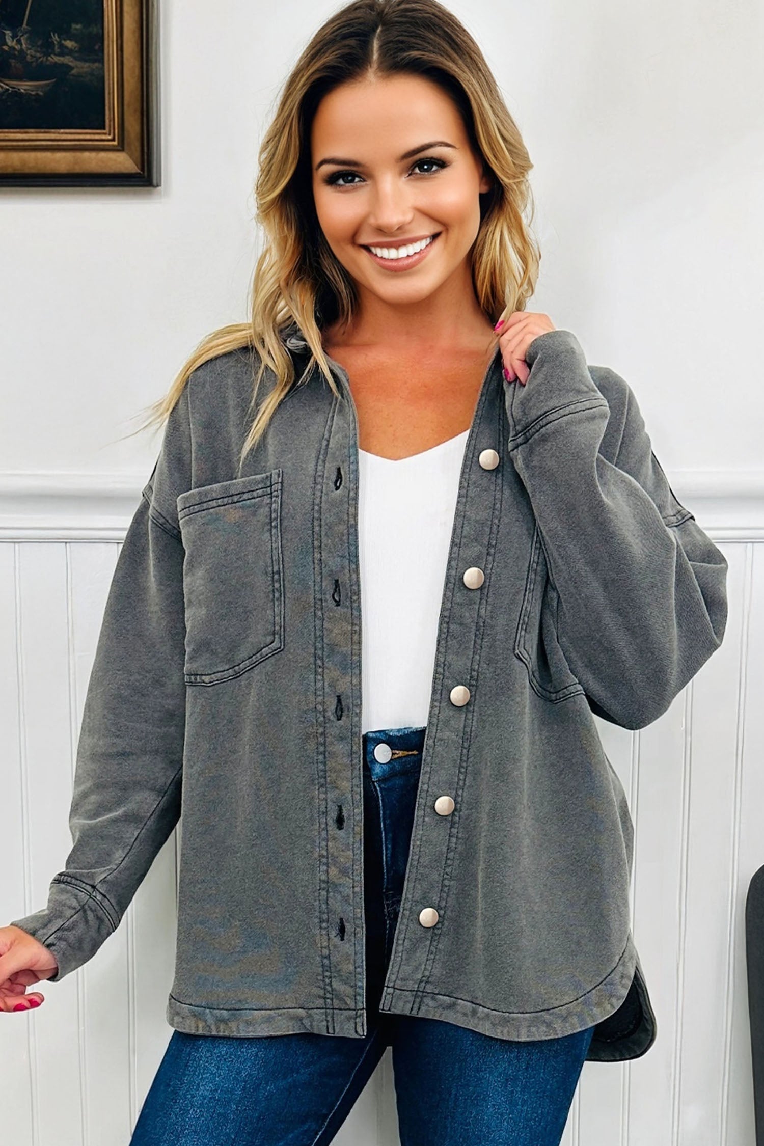 Medium Grey Mineral Wash Chest Pockets Drop Shoulder Shacket with Side Slit-Outerwear/Jackets-[Adult]-[Female]-2022 Online Blue Zone Planet