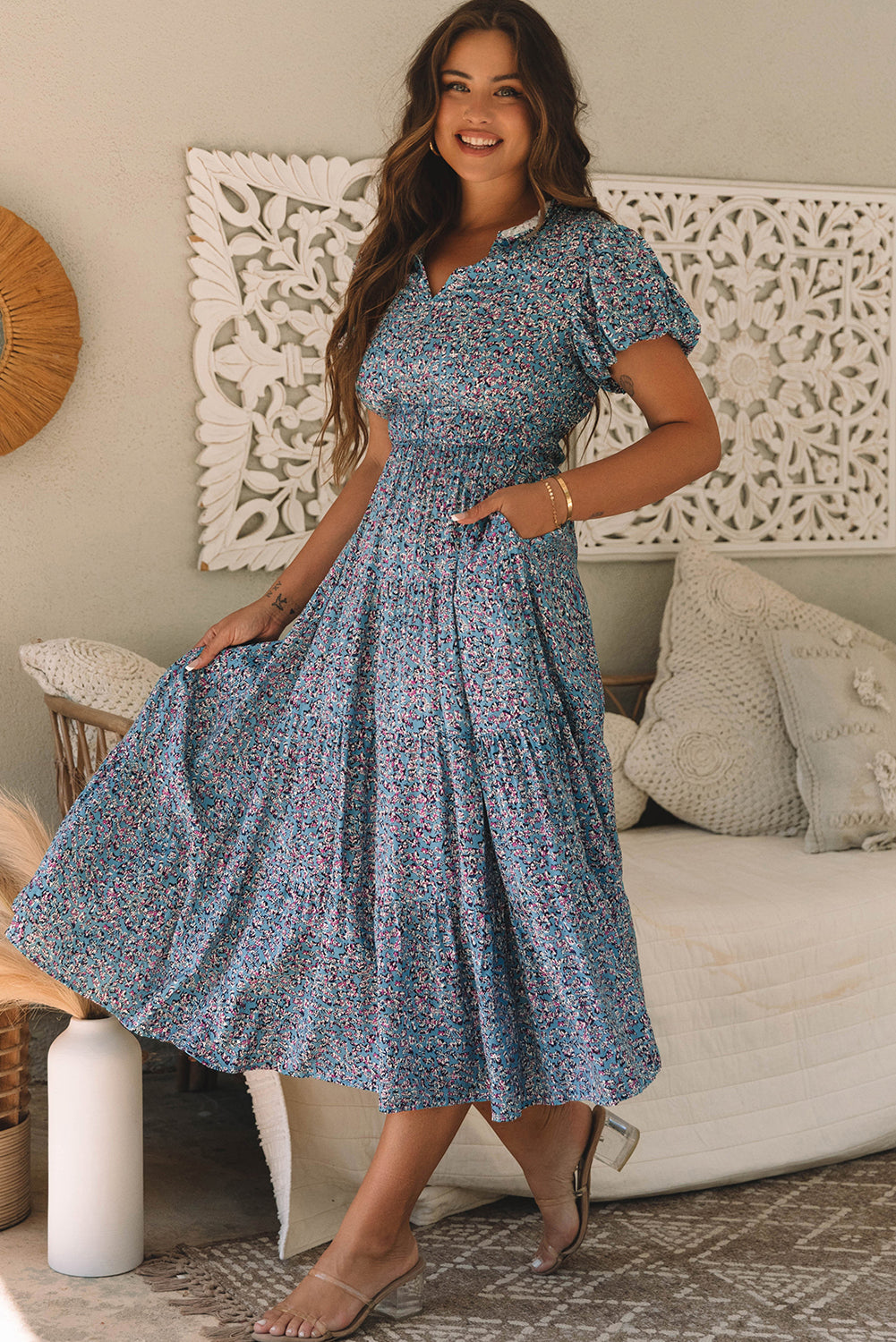 Blue Zone Planet | Blue Printed V Neck Shirred Short Puff Sleeve Maxi Dress-TOPS / DRESSES-[Adult]-[Female]-2022 Online Blue Zone Planet