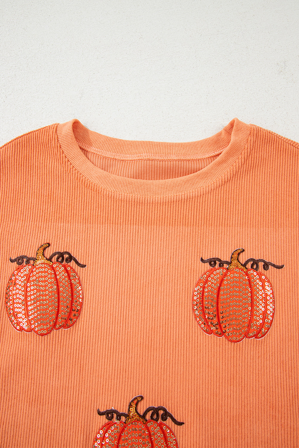 Orange Sequin Pumpkin Patched Twisted Rib Baggy Sweatshirt-Graphic/Graphic Sweatshirts-[Adult]-[Female]-2022 Online Blue Zone Planet