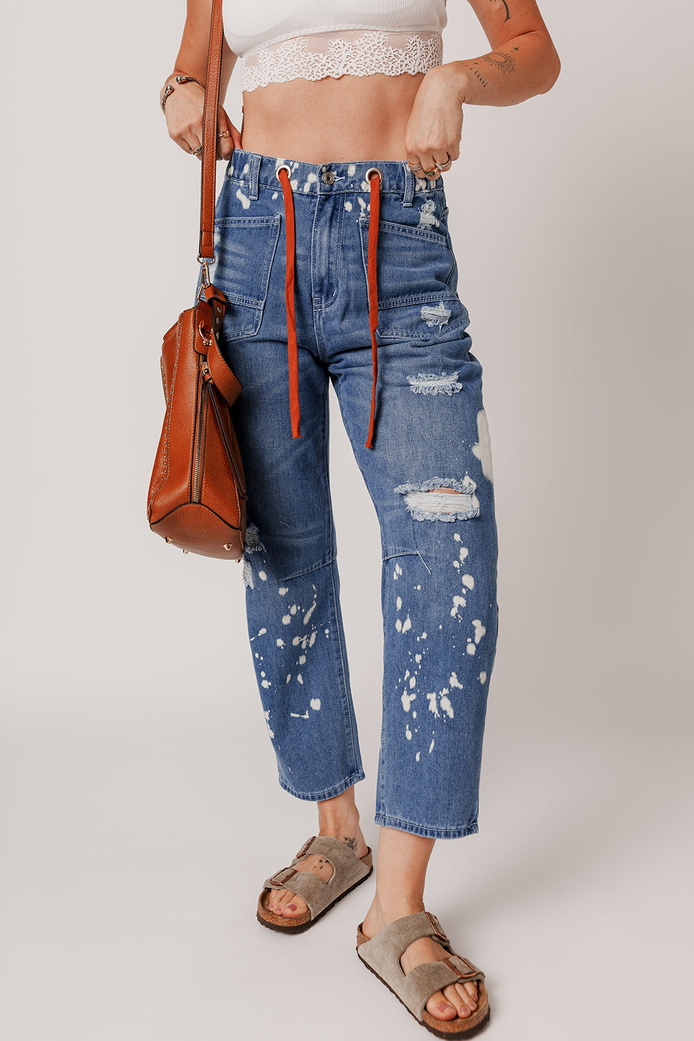 Ashleigh Blue Ripped Splattering Paint Rope Waist Cropped Straight Jeans-Bottoms/Jeans-[Adult]-[Female]-Ashleigh Blue-4-2022 Online Blue Zone Planet