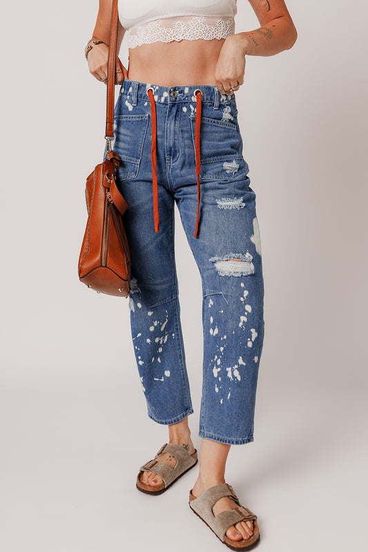 Ashleigh Blue Ripped Splattering Paint Rope Waist Cropped Straight Jeans-Bottoms/Jeans-[Adult]-[Female]-Ashleigh Blue-4-2022 Online Blue Zone Planet