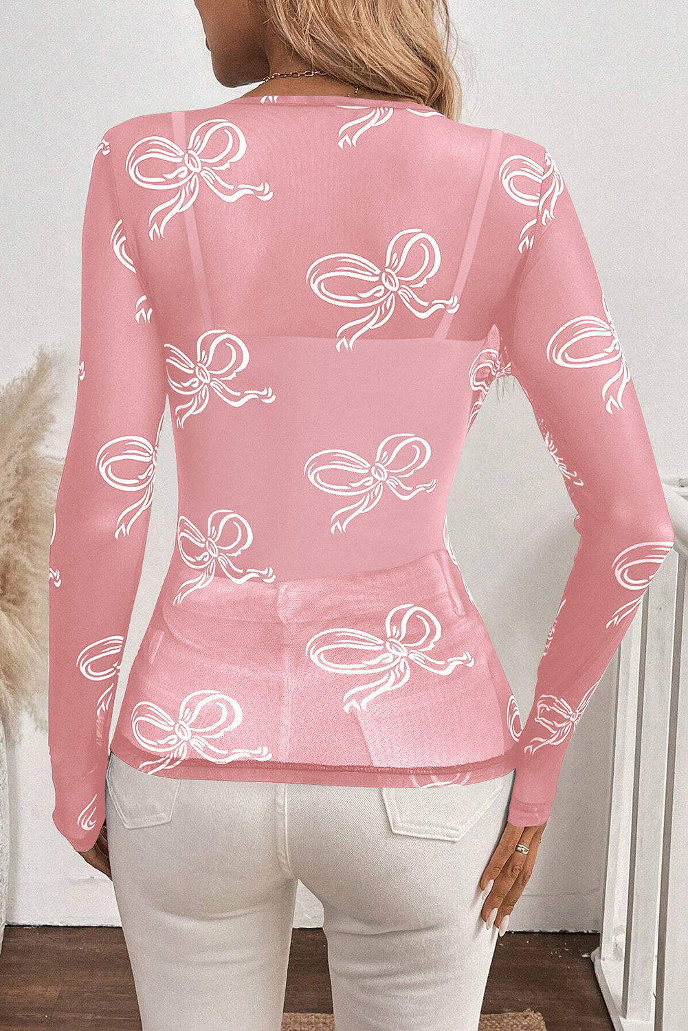 Pink Round Neck Bow Print Long Sleeve Mesh Top-Tops/Long Sleeve Tops-[Adult]-[Female]-2022 Online Blue Zone Planet