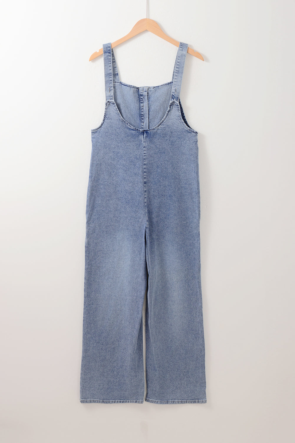 Blue Zone Planet | Stone Blue Washed Denim Half Buttons Patched Pocket Wide Leg Overalls-Bottoms/Jumpsuits & Rompers-[Adult]-[Female]-2022 Online Blue Zone Planet