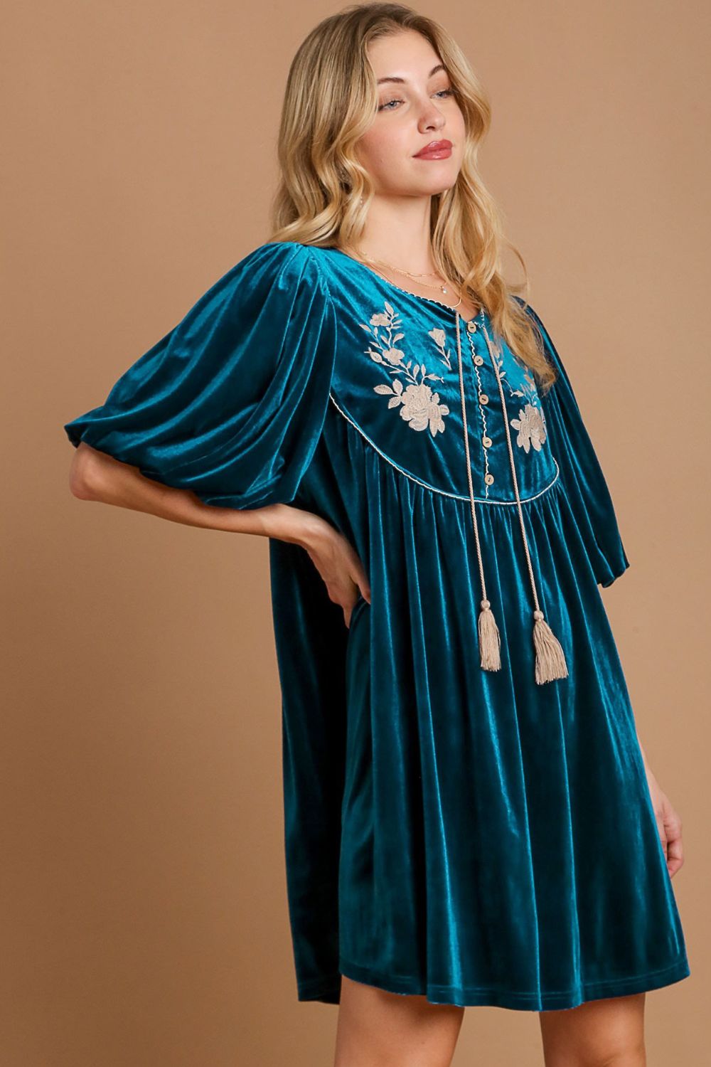 Umgee Embroidered Half Sleeve Velvet Mini Dress with Tassel-TOPS / DRESSES-[Adult]-[Female]-2022 Online Blue Zone Planet