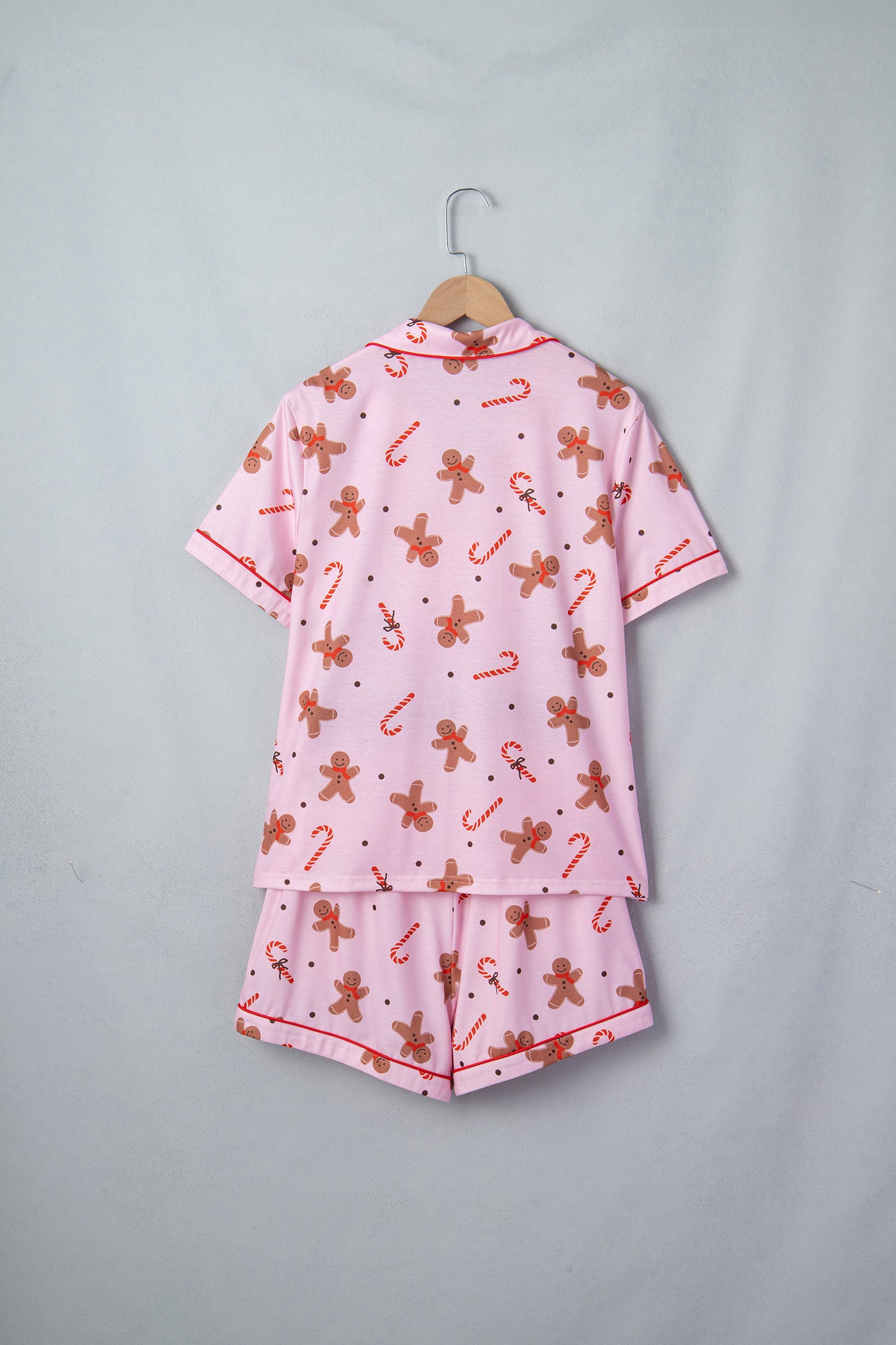 Pink Short Sleeve Placket Shell Button Elastic Waist Lounge Set-Loungewear & Sleepwear/Loungewear-[Adult]-[Female]-2022 Online Blue Zone Planet