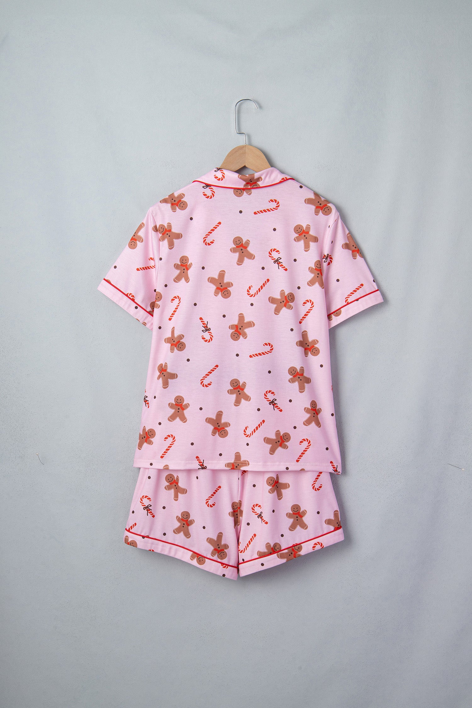 Pink Short Sleeve Placket Shell Button Elastic Waist Lounge Set-Loungewear & Sleepwear/Loungewear-[Adult]-[Female]-2022 Online Blue Zone Planet