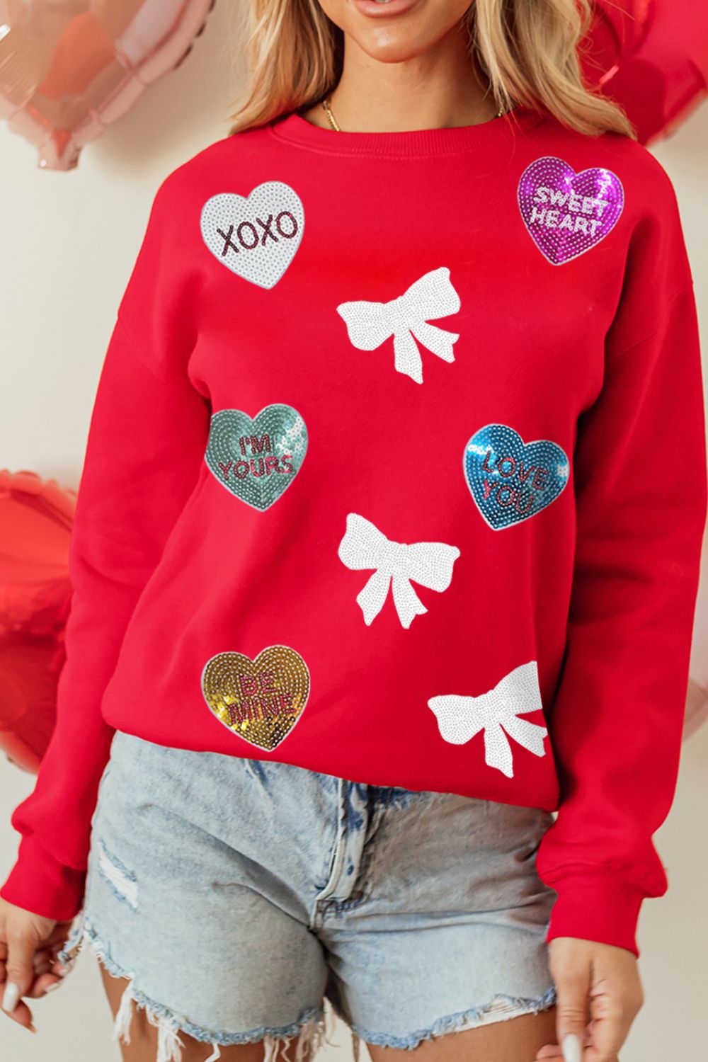 Valentine’s Day Sequin Bow Heart Round Neck Sweatshirt-TOPS / DRESSES-[Adult]-[Female]-2022 Online Blue Zone Planet